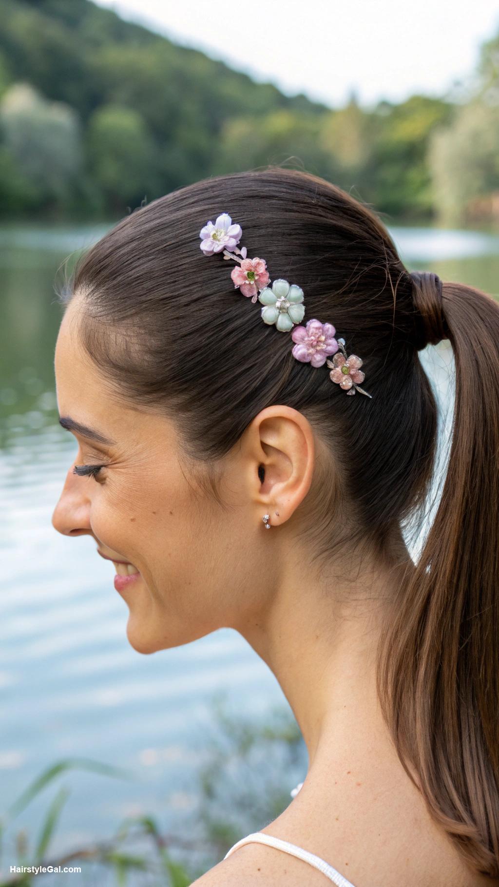 lake day hairstyles Low ponytail with floral clips