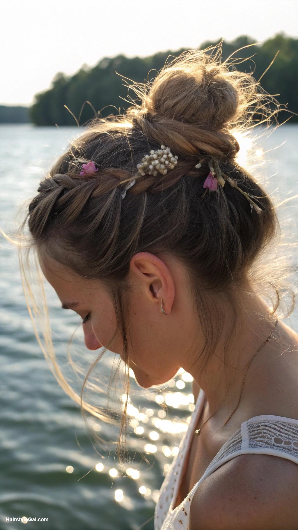 lake day hairstyles Messy bun with braid accent