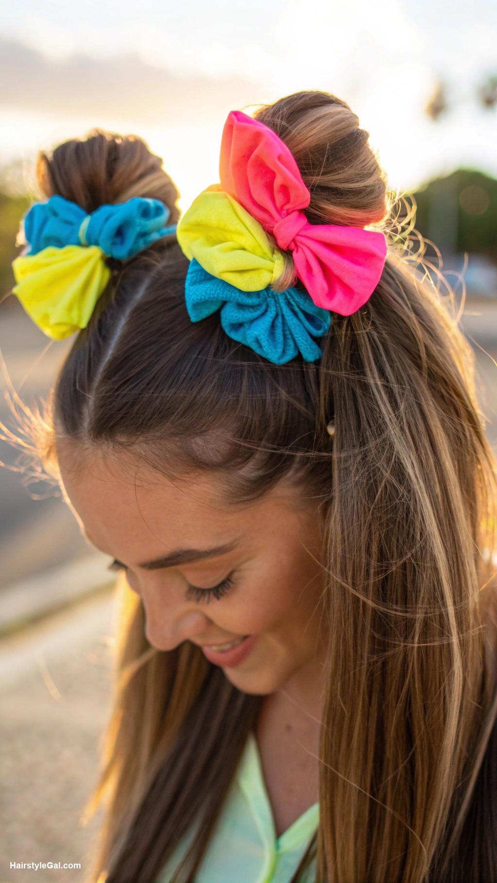 summer hairstyles for long hair Pigtail Buns with Colorful Scrunchies