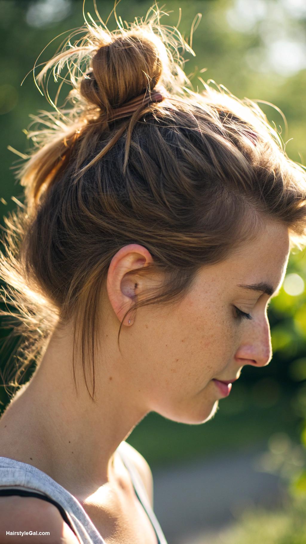 summer hairstyles for short hair Half up bun with loose strands