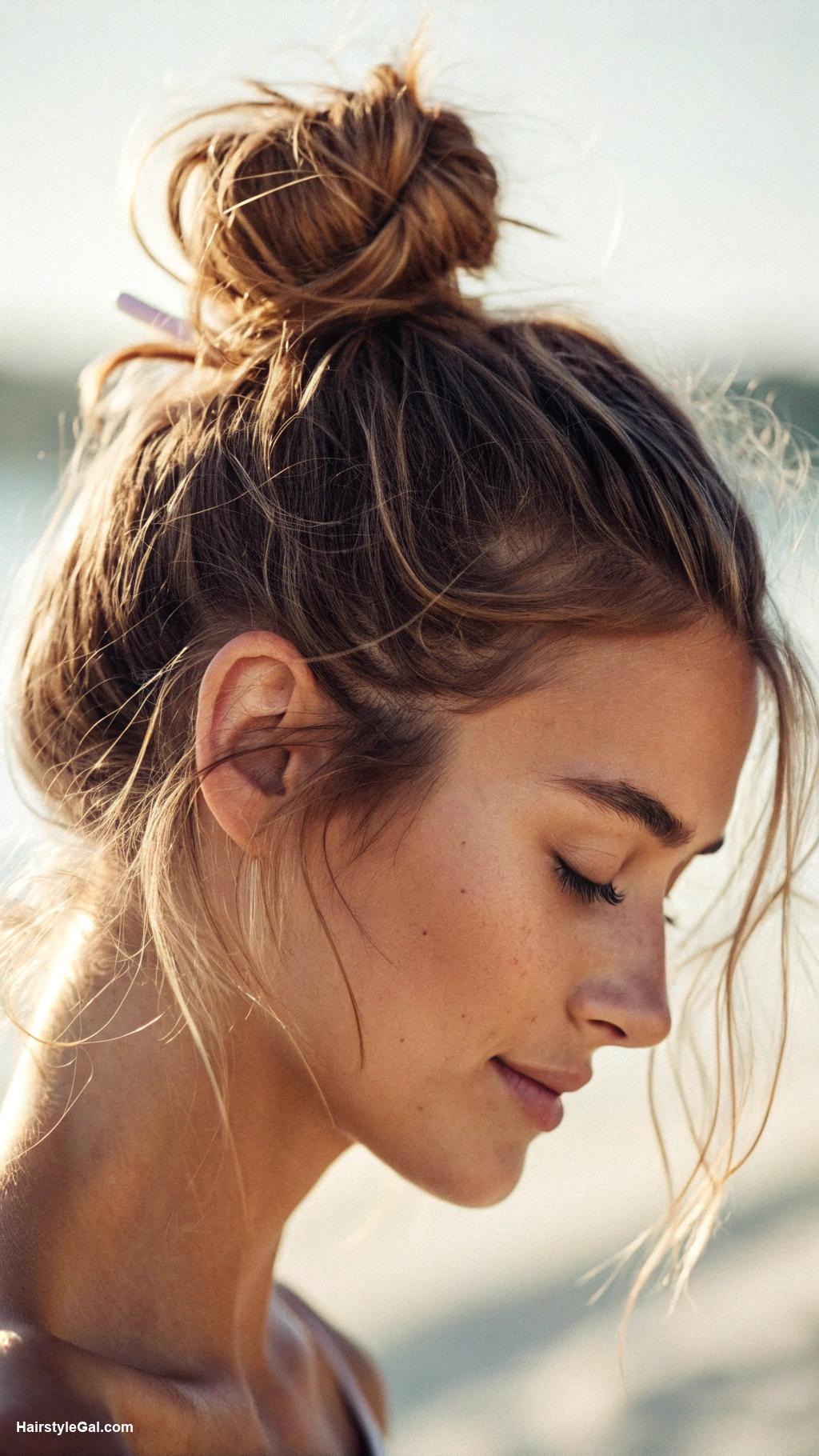 summer hairstyles for short hair Messy top knot with tousled ends