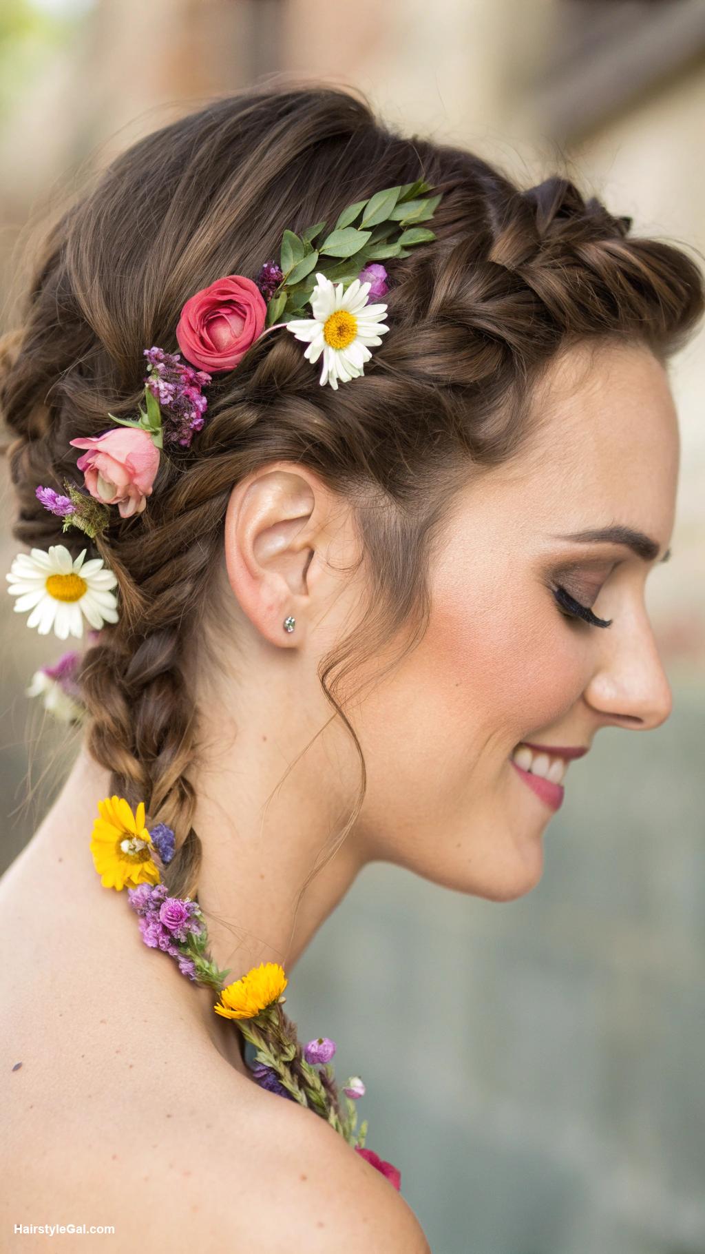 summer hairstyles for short hair Side braid with floral accents