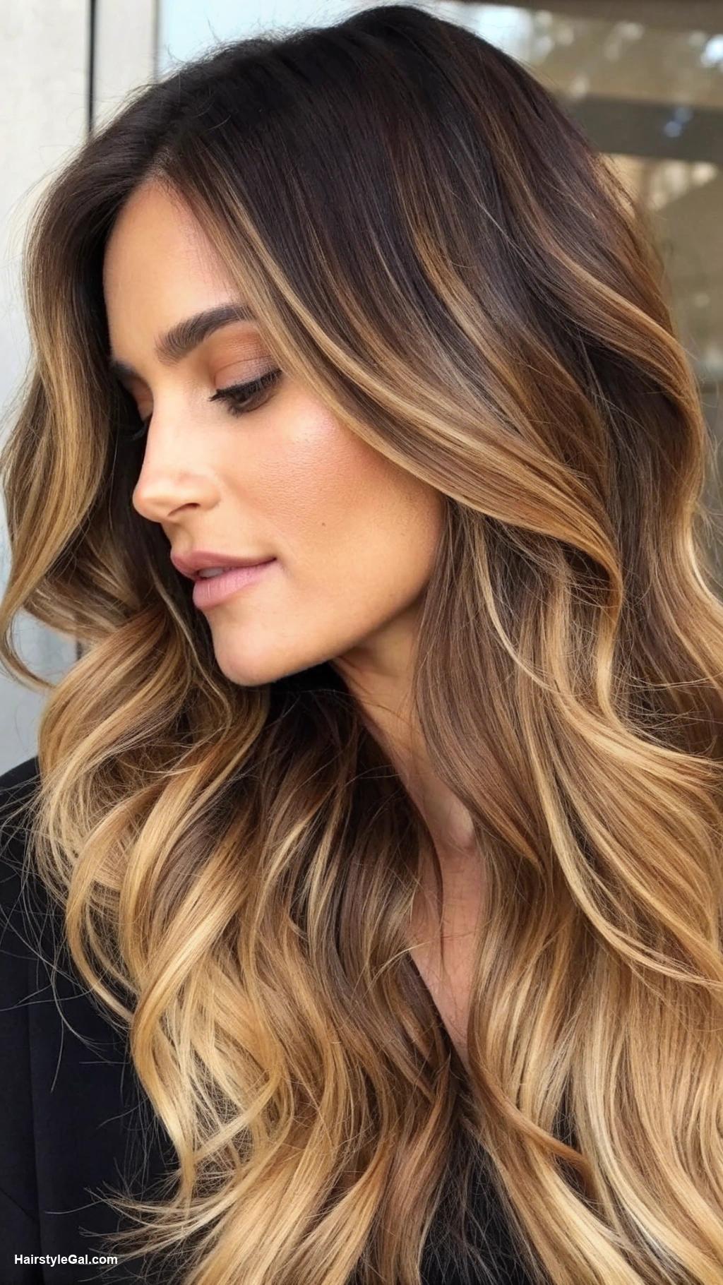 bronde balayage Dark brown base with golden blonde ends