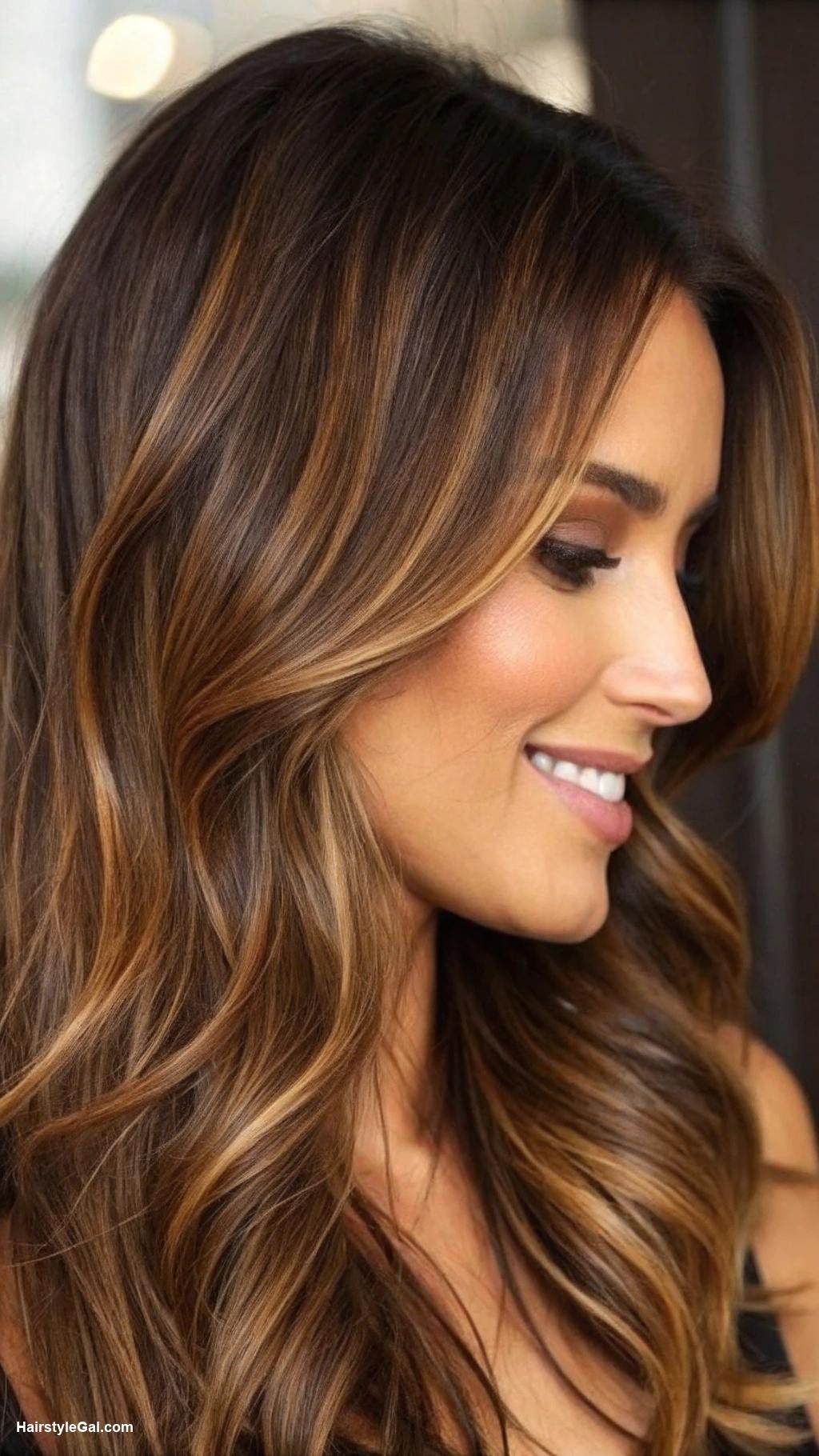 bronde balayage Soft caramel highlights on dark brown