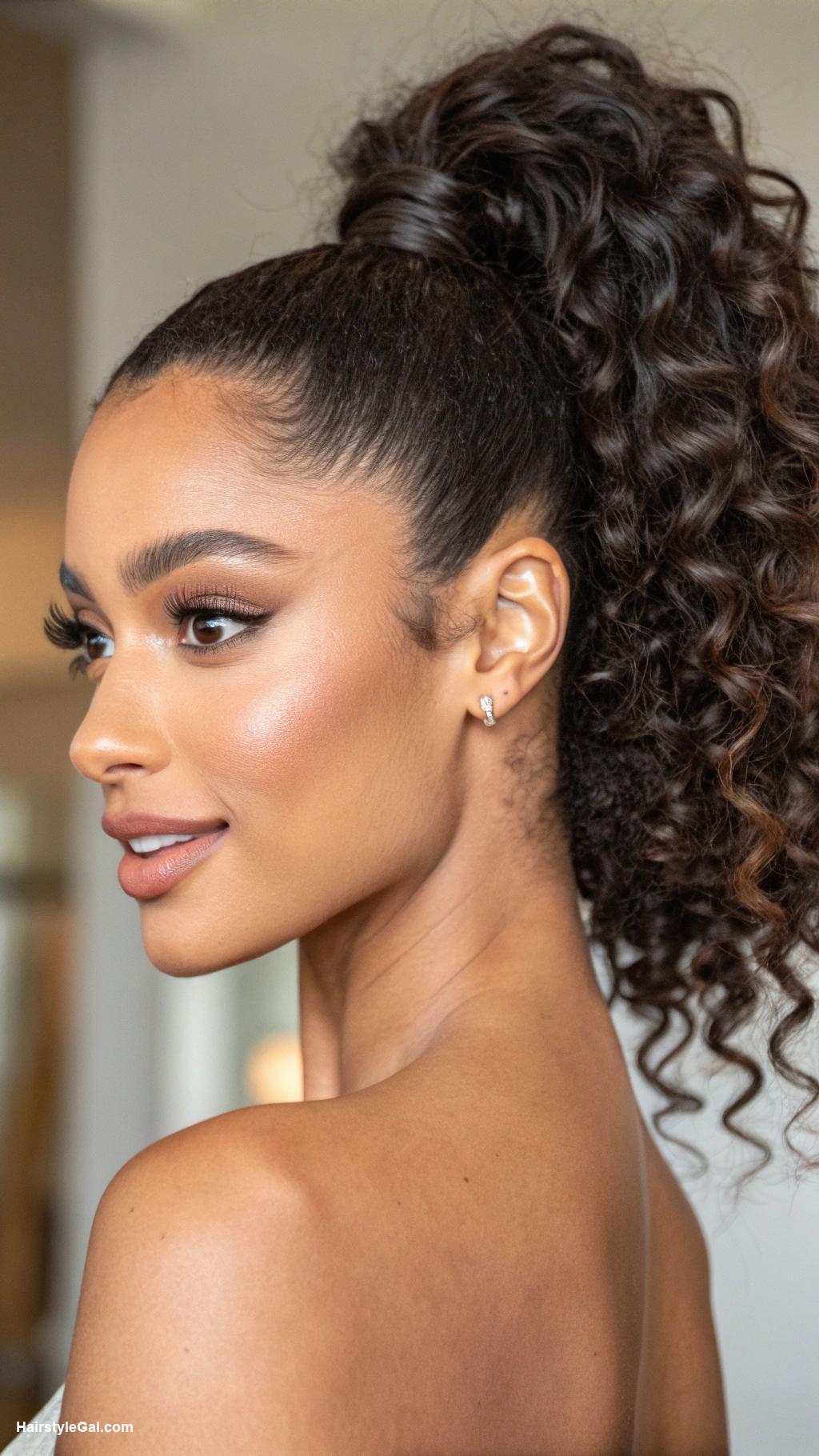 curly hair updos High ponytail with curly texture