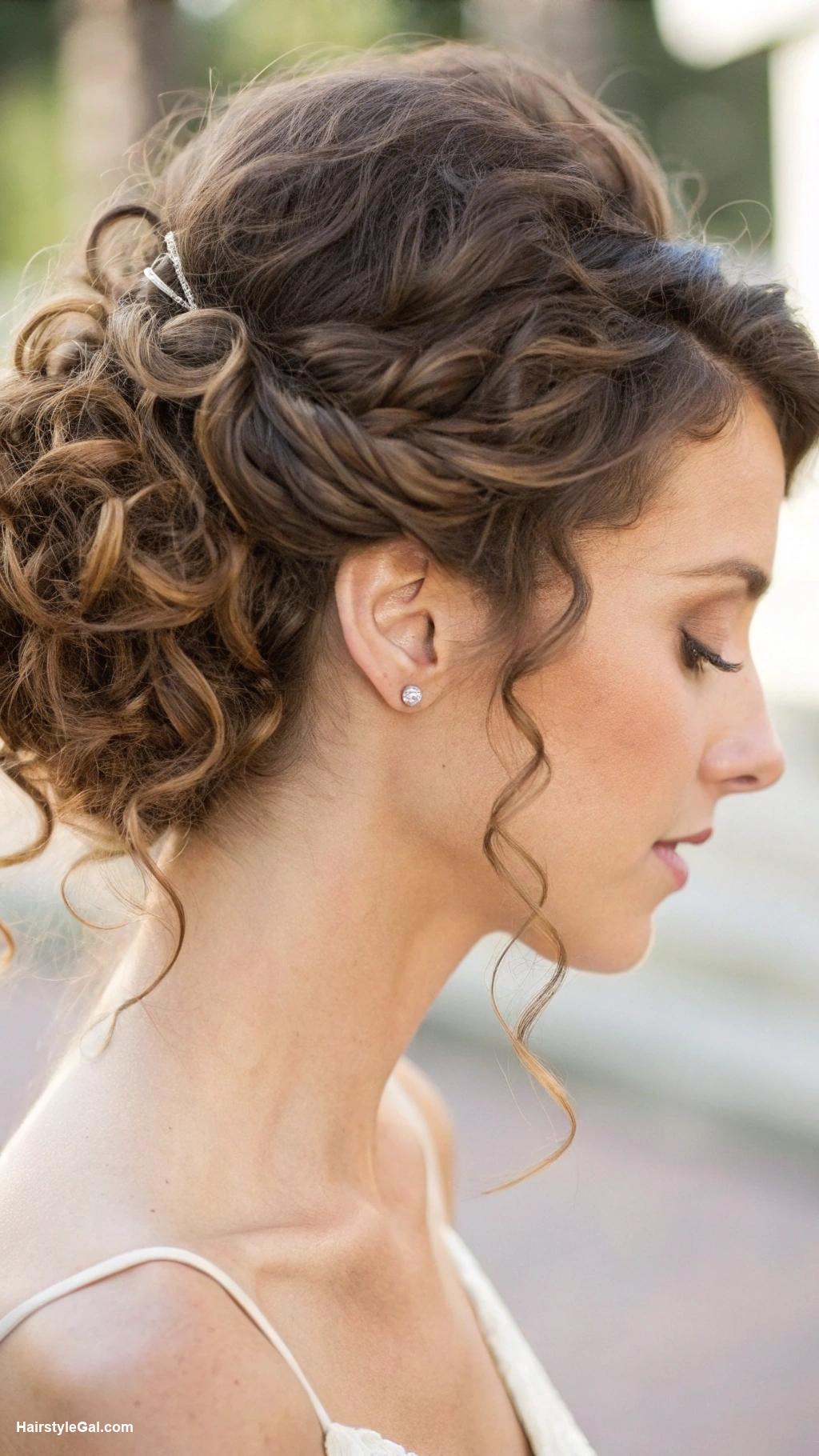 curly hair updos Low bun with side swept bangs