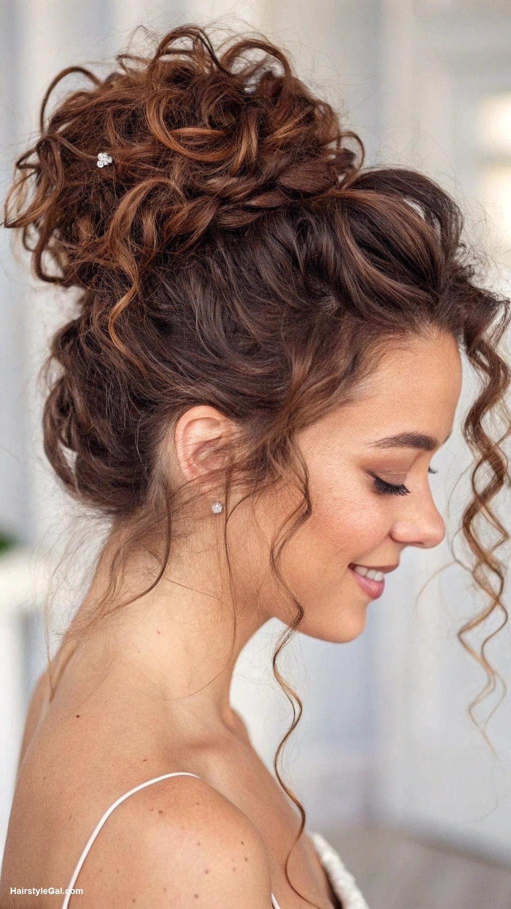 curly hair updos Messy bun for brown curls