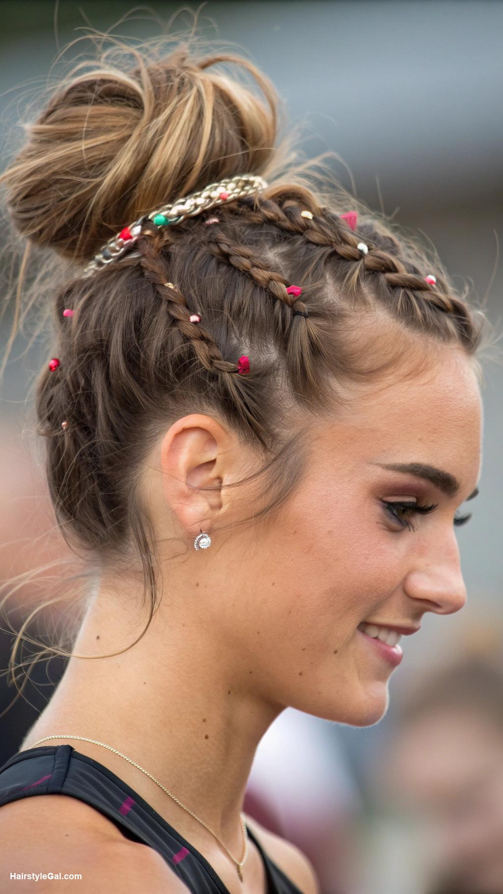 track meet hairstyles Messy bun with side braids