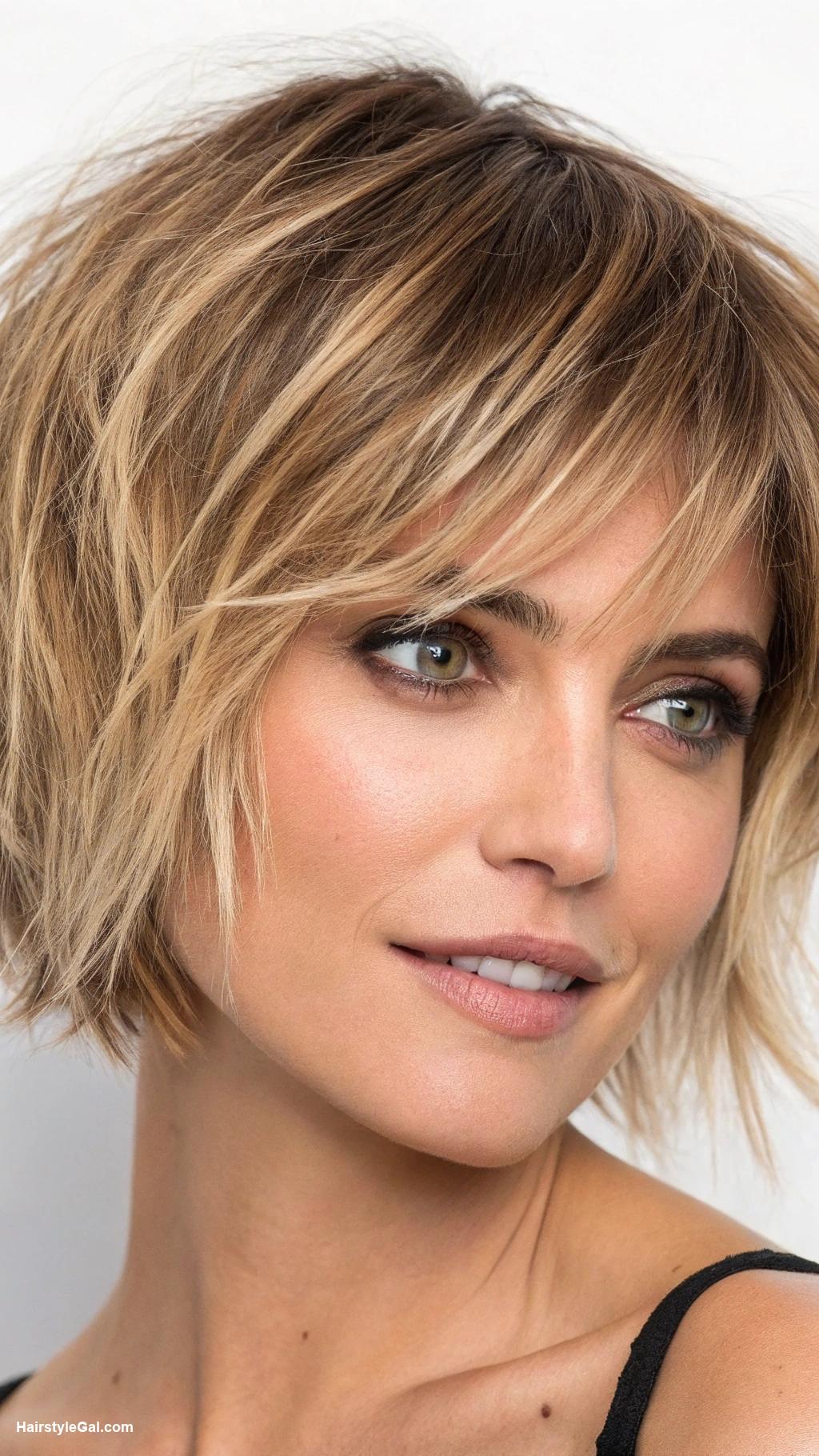 thick hair short haircut Choppy bob with blonde highlights