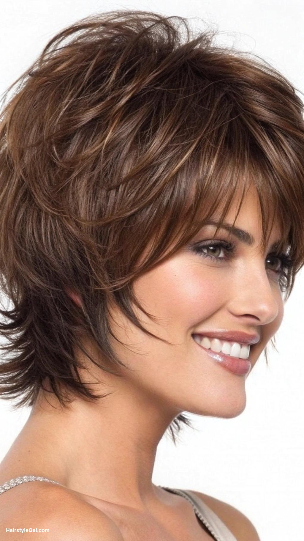 thick hair short haircut Layered short brown shag haircut