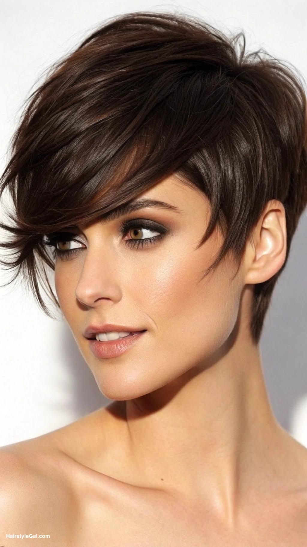 thick hair short haircut Side swept pixie for dark brunettes