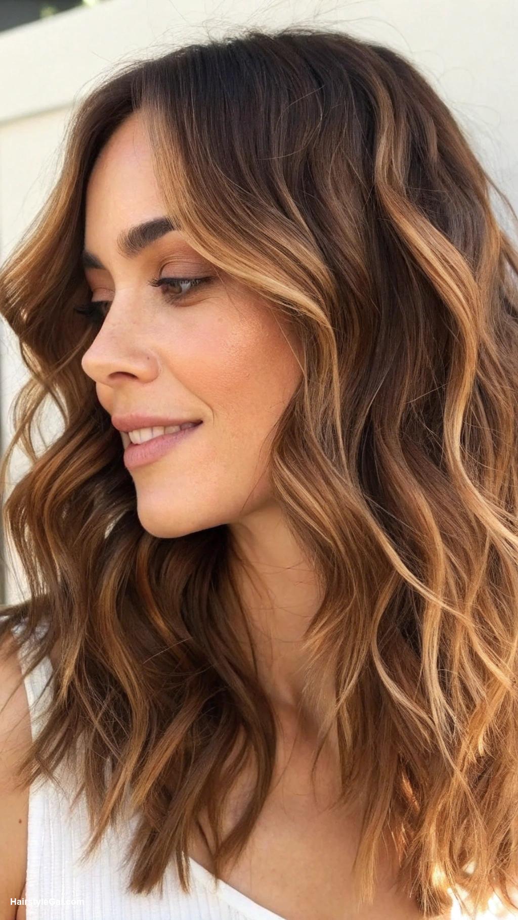thick hair short haircut Wavy lob with subtle caramel tones