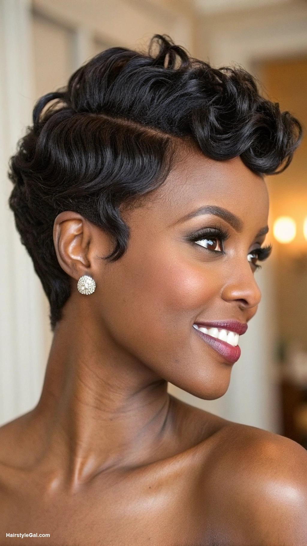 wavy pixie haircut Black Wavy Pixie with Side Part