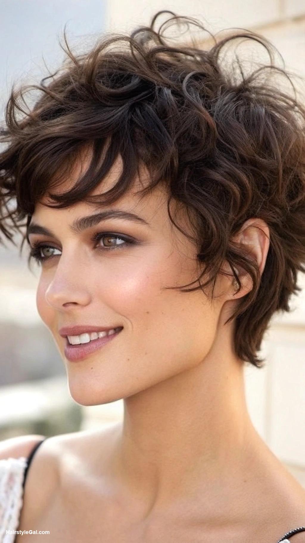 wavy pixie haircut Dark Brown Wavy Pixie with Bangs