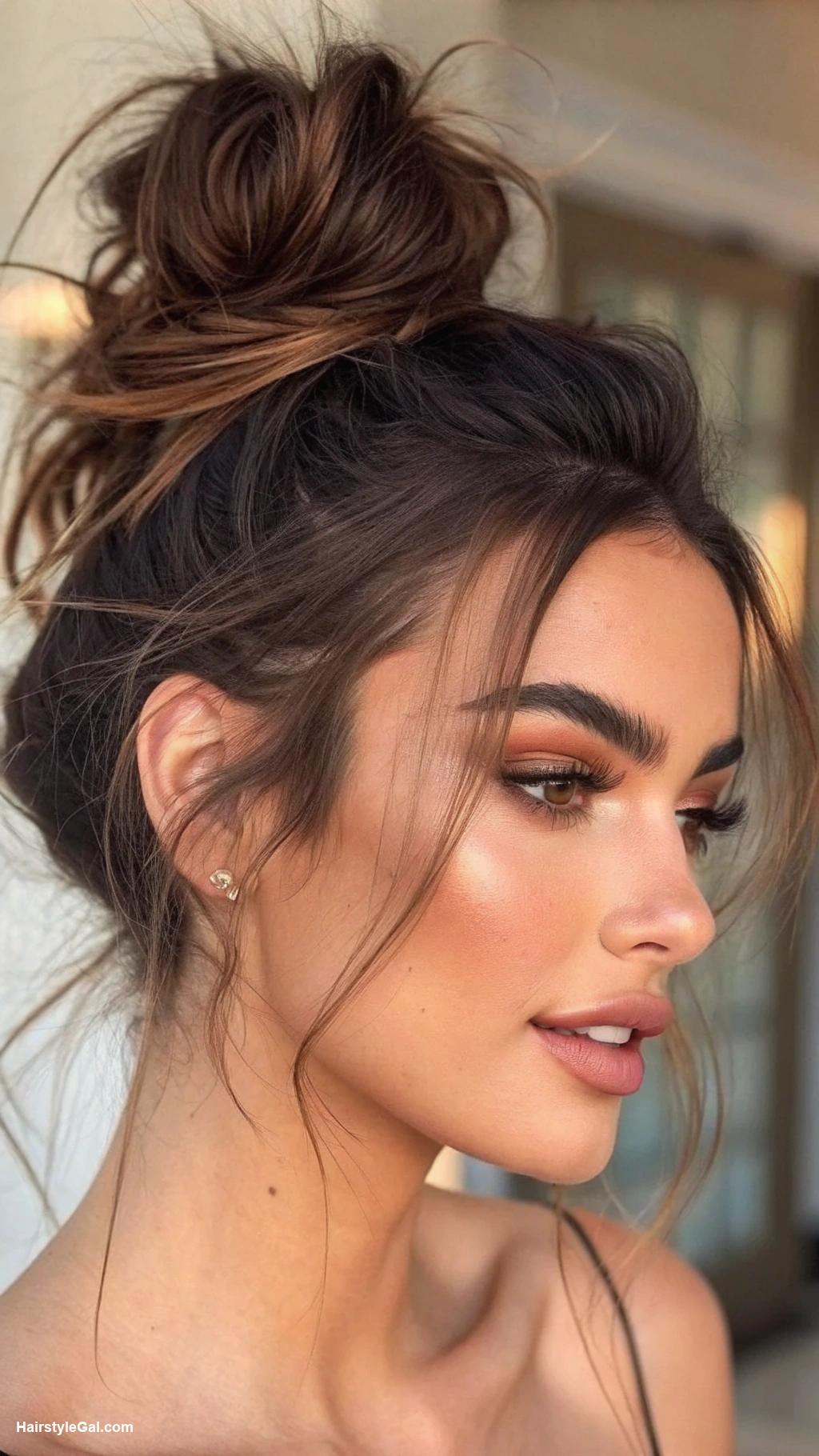 baddie hairstyles Messy Bun with Strands