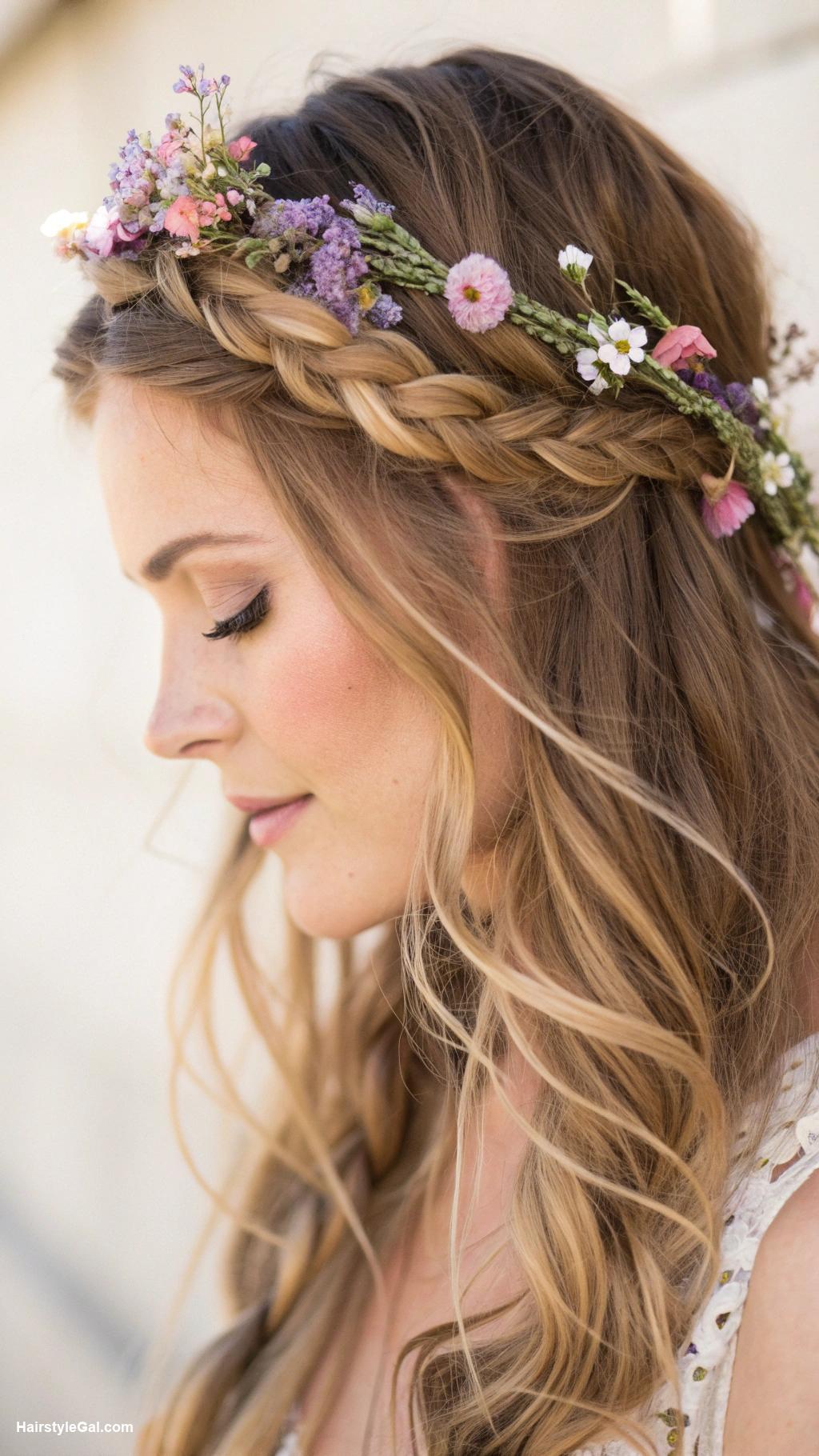 boho braids Half up braided crown with flowers