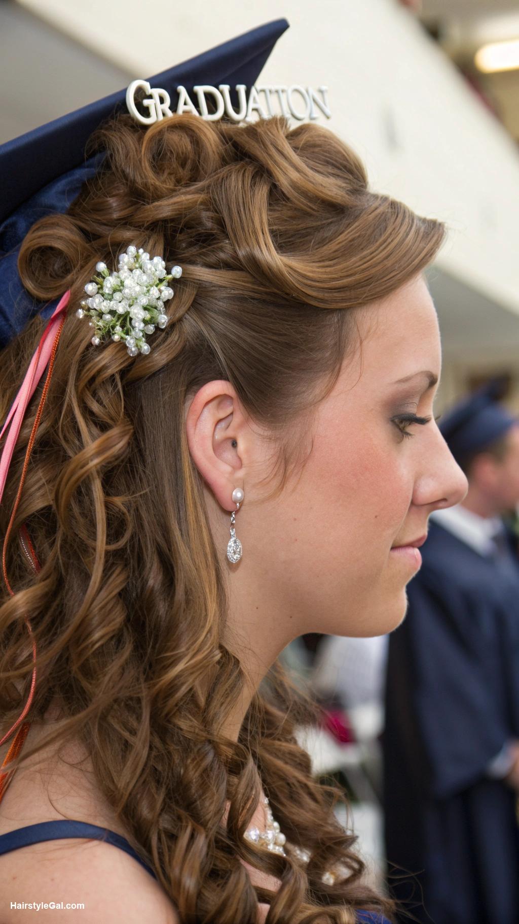 graduation cap hairstyles Half up half down curls