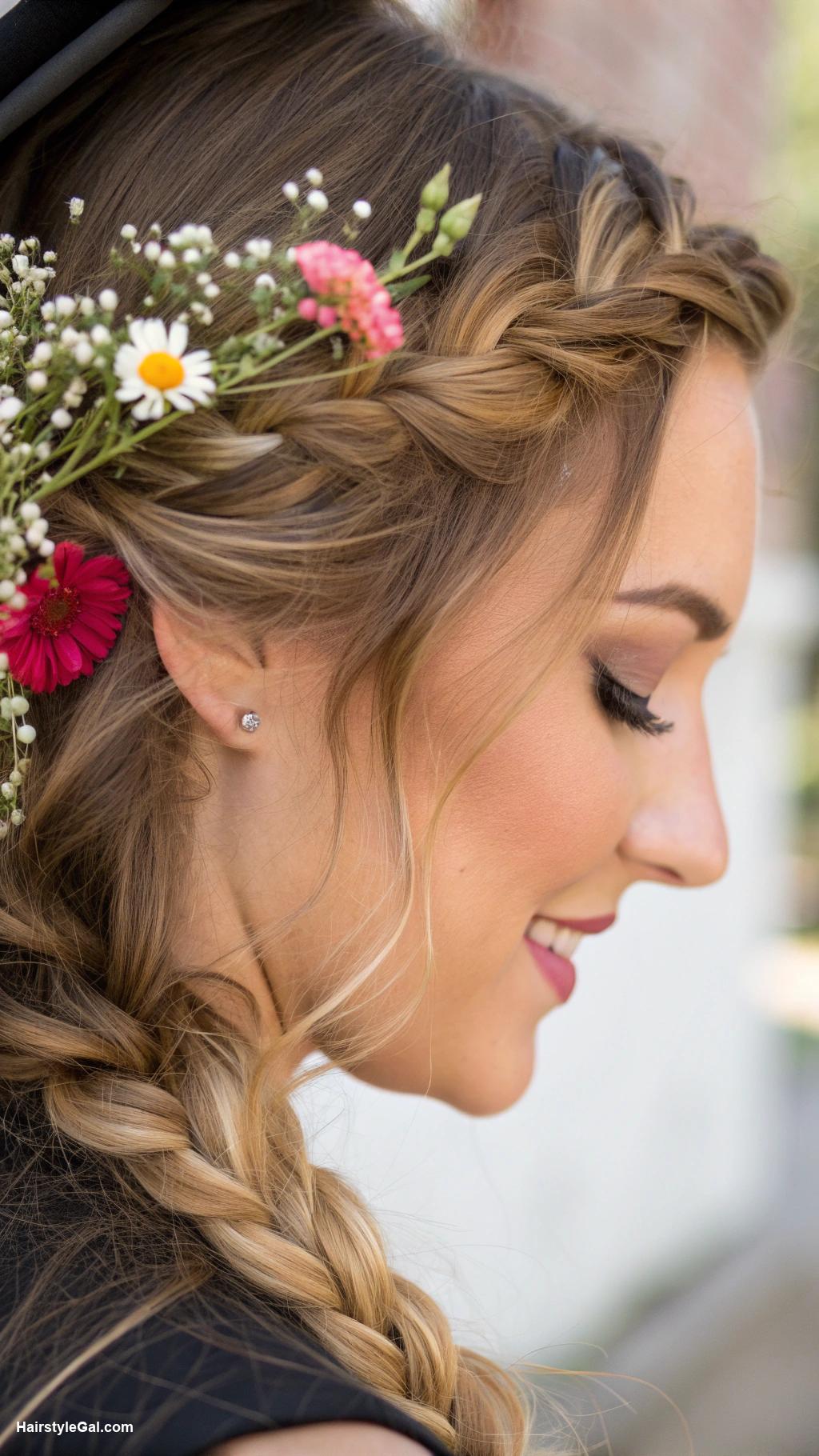 graduation cap hairstyles Side braid with floral accents