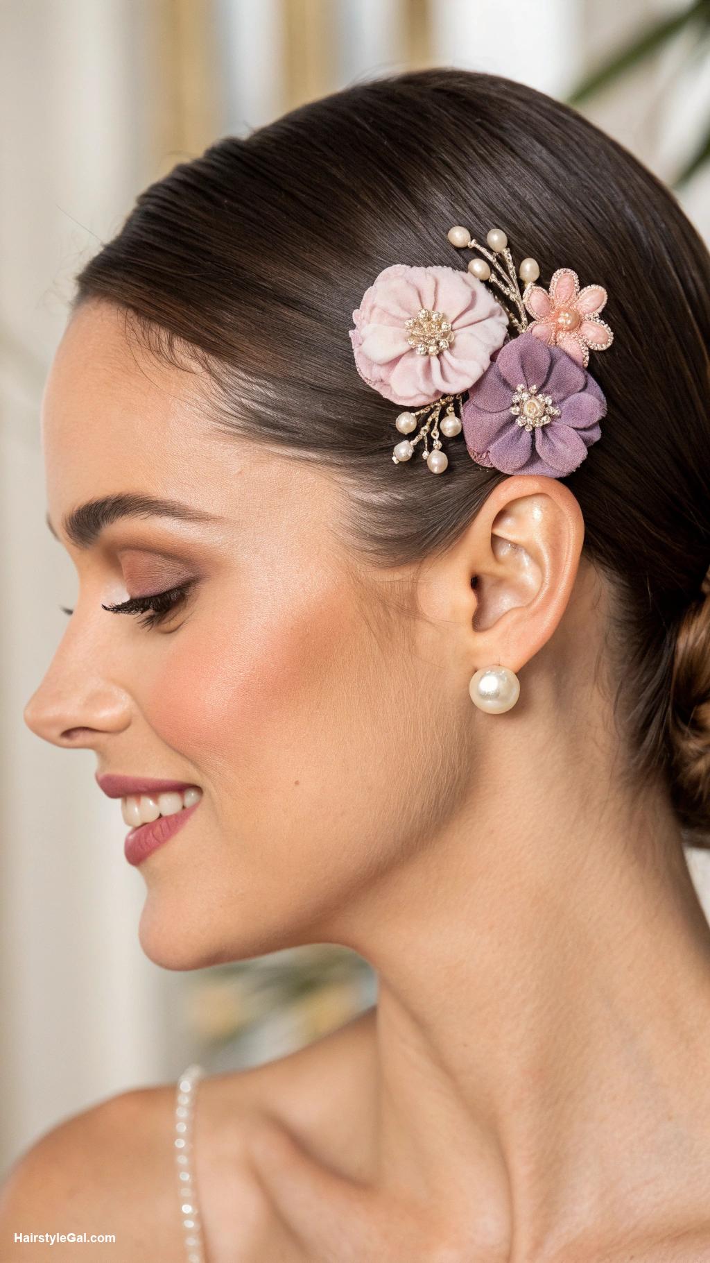 hair pinned back Hair pinned back with decorative clips