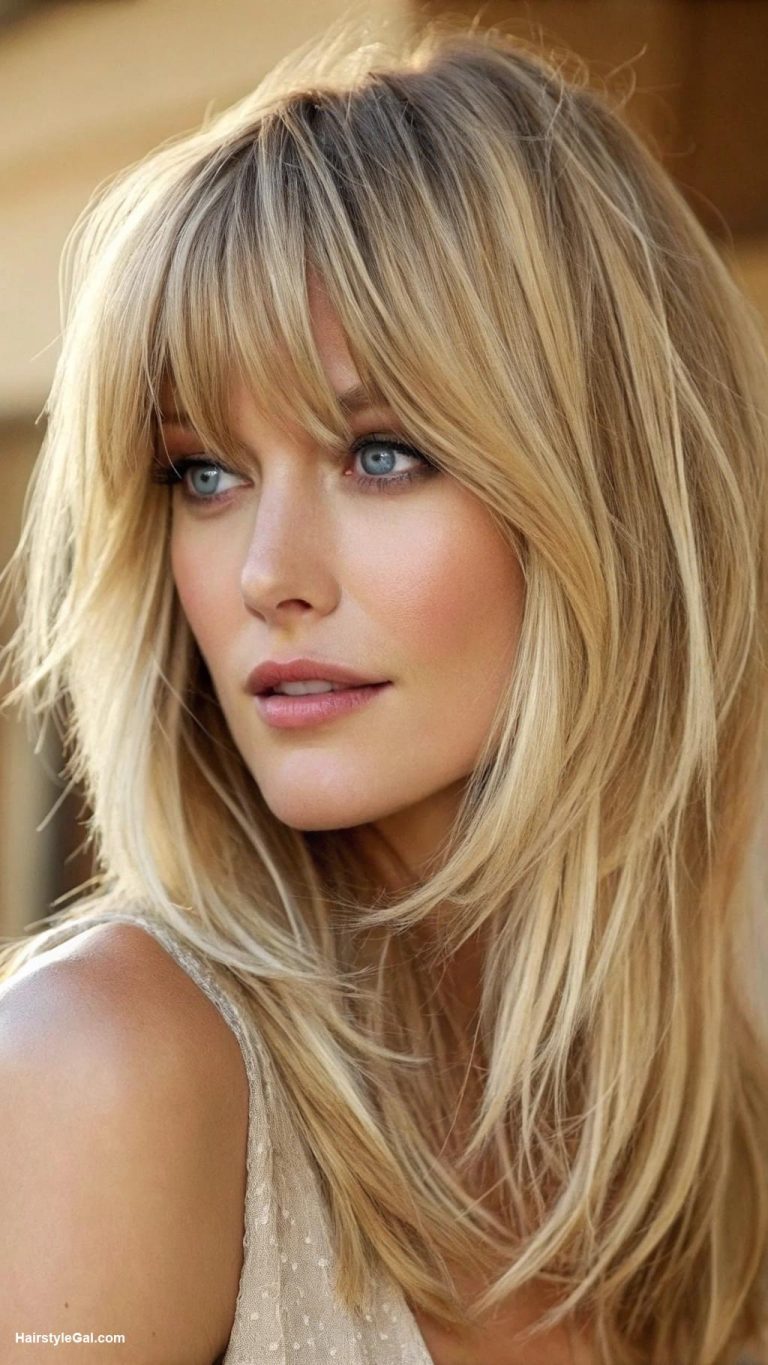 hairstyles for medium length hair Blonde layered haircut with bangs