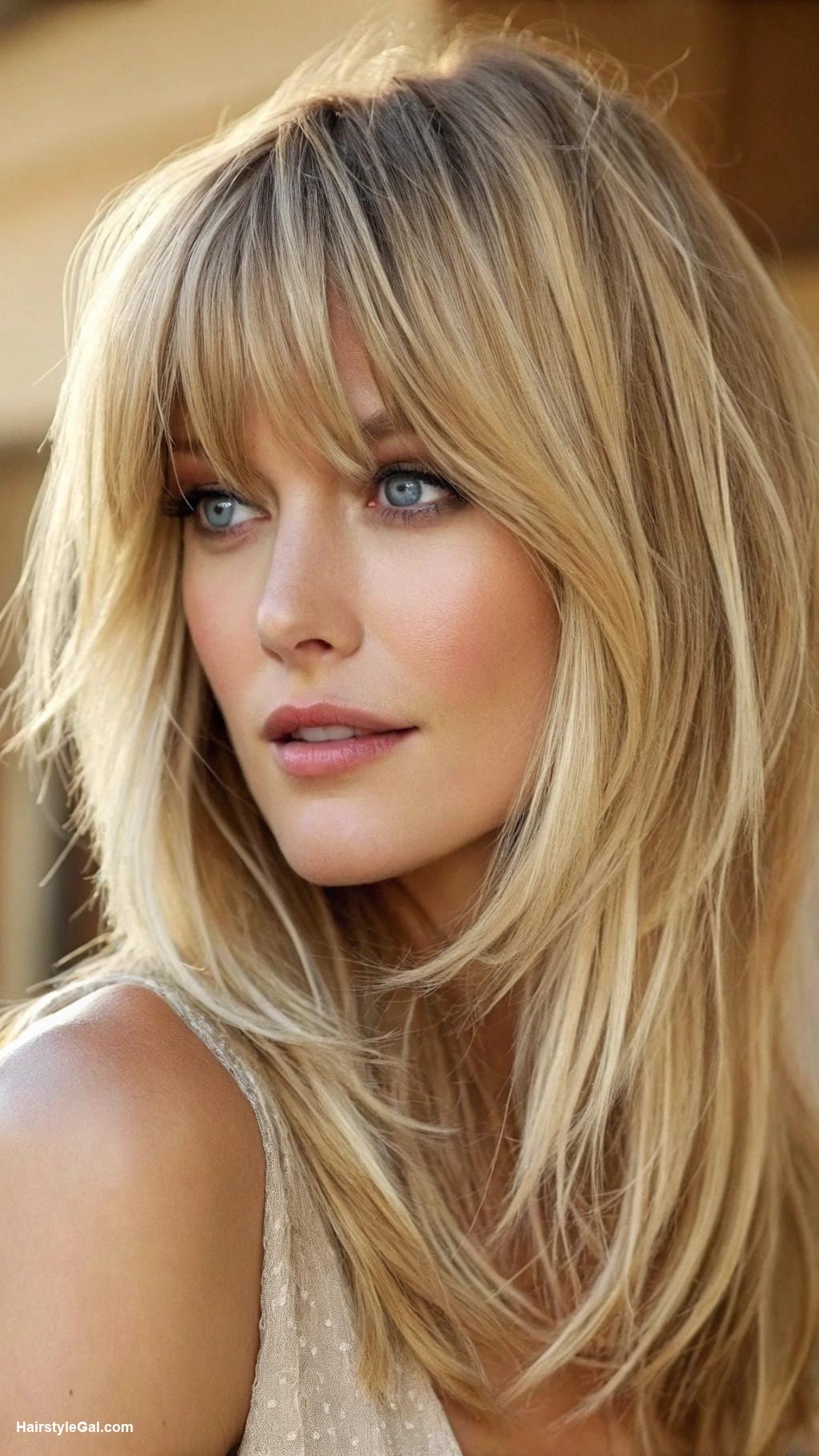hairstyles for medium length hair Blonde layered haircut with bangs