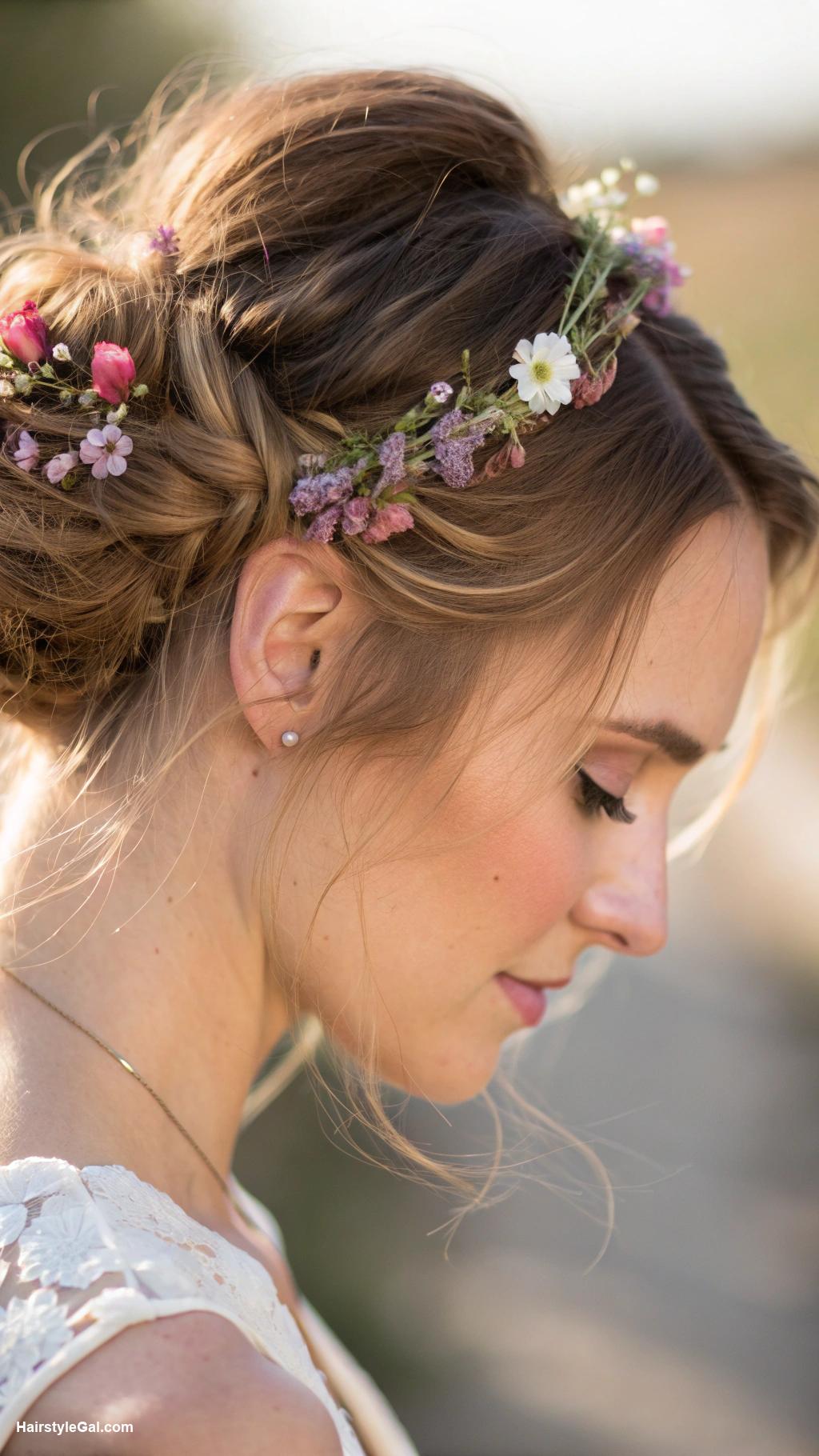 loose low bun Boho low bun with flowers