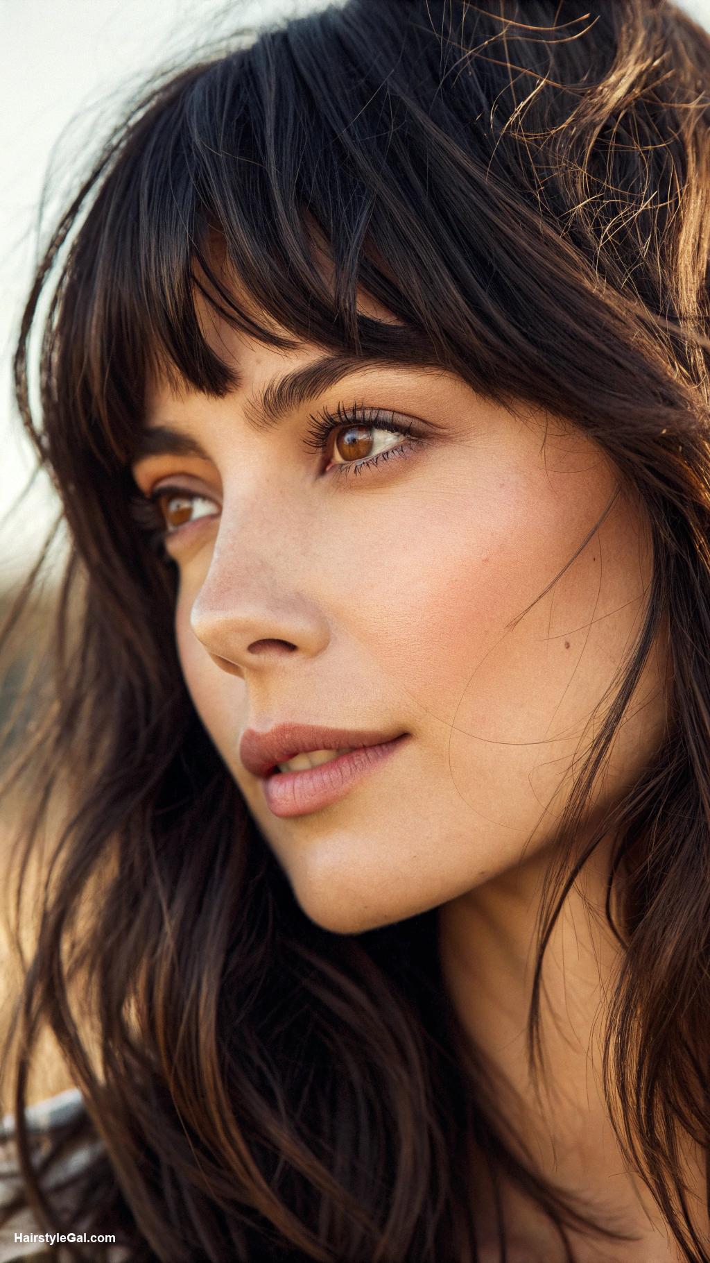 low maintenance bangs Feathered bangs for layered dark hair