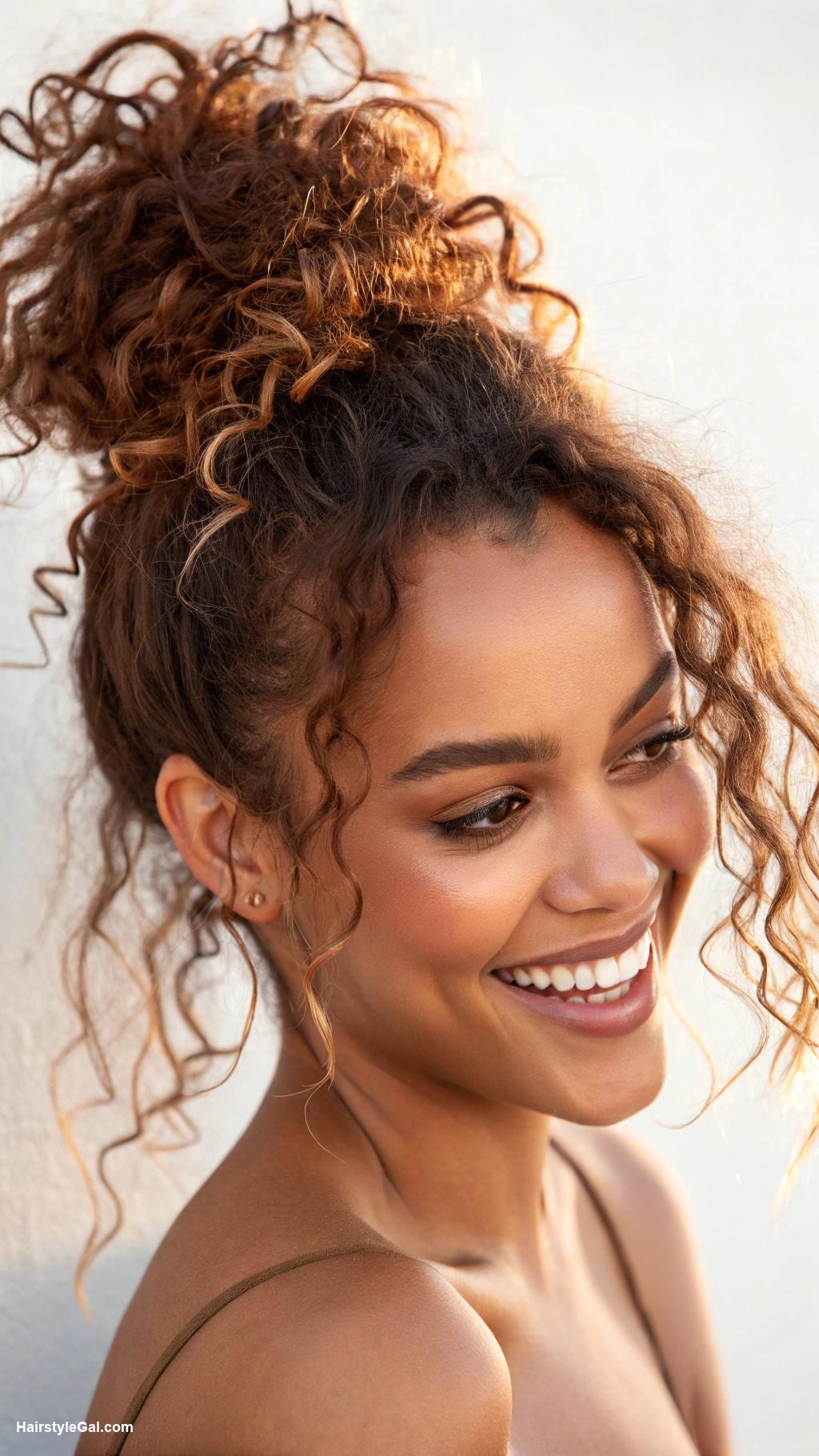 medium length curly hairstyles Messy bun with curly strands