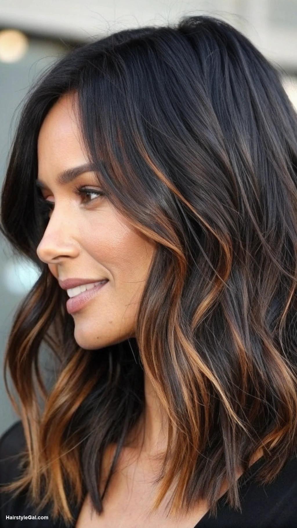 medium length hair with layers Caramel highlights on layered black hair