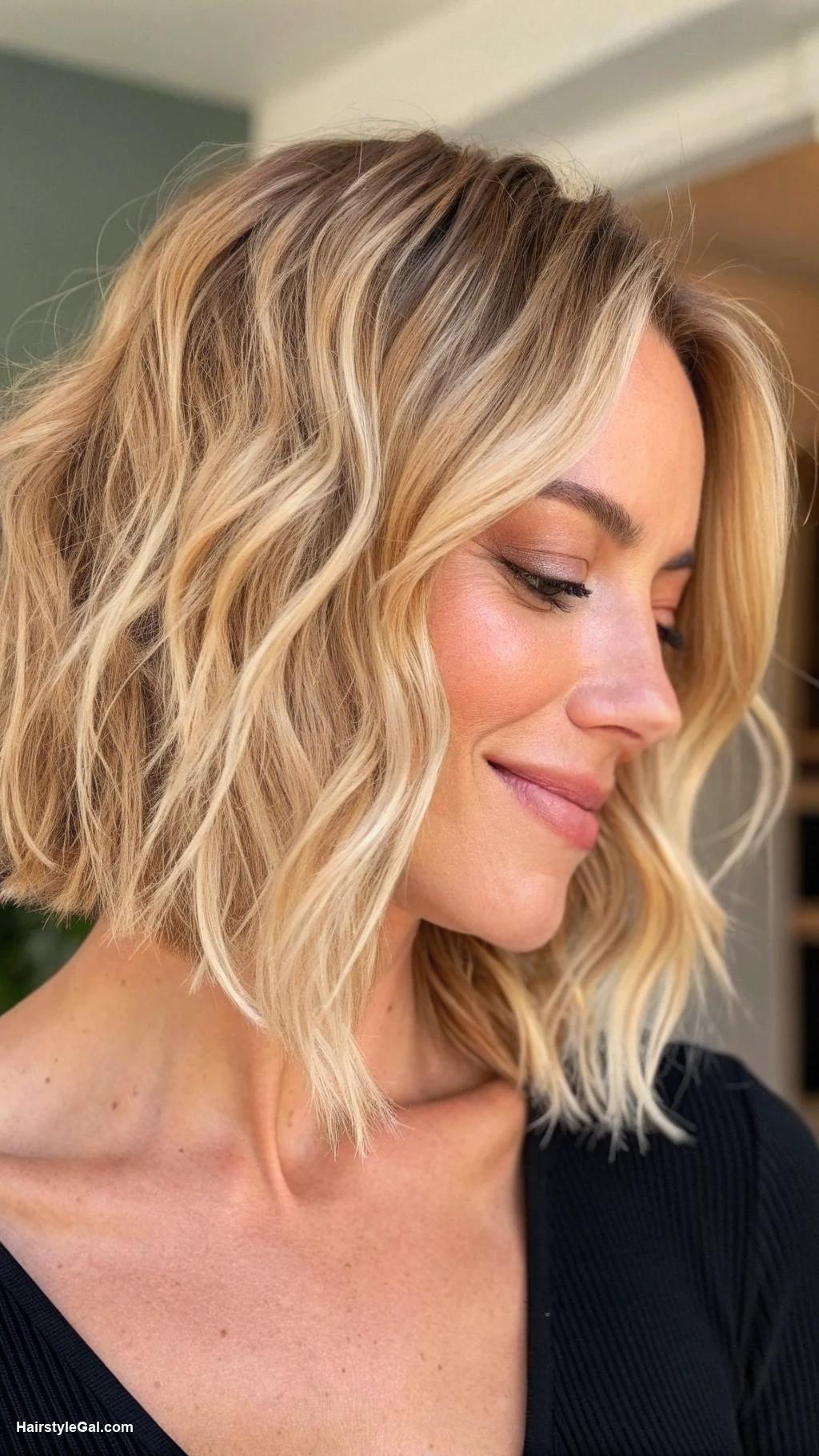 messy bob hairstyles Wavy blonde bob with middle part