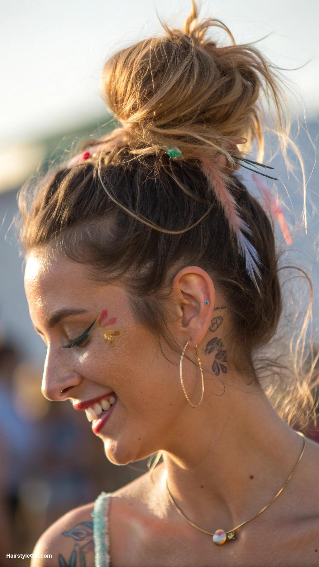 music festival hairstyles Messy Bun with Loose Strands