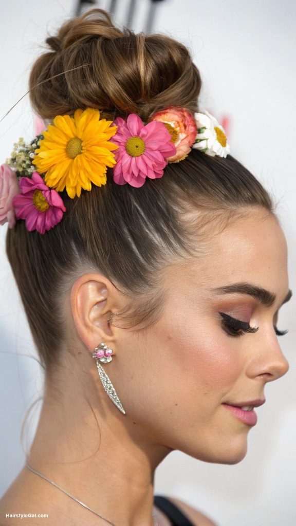 music festival hairstyles Top Knot with Floral Accents