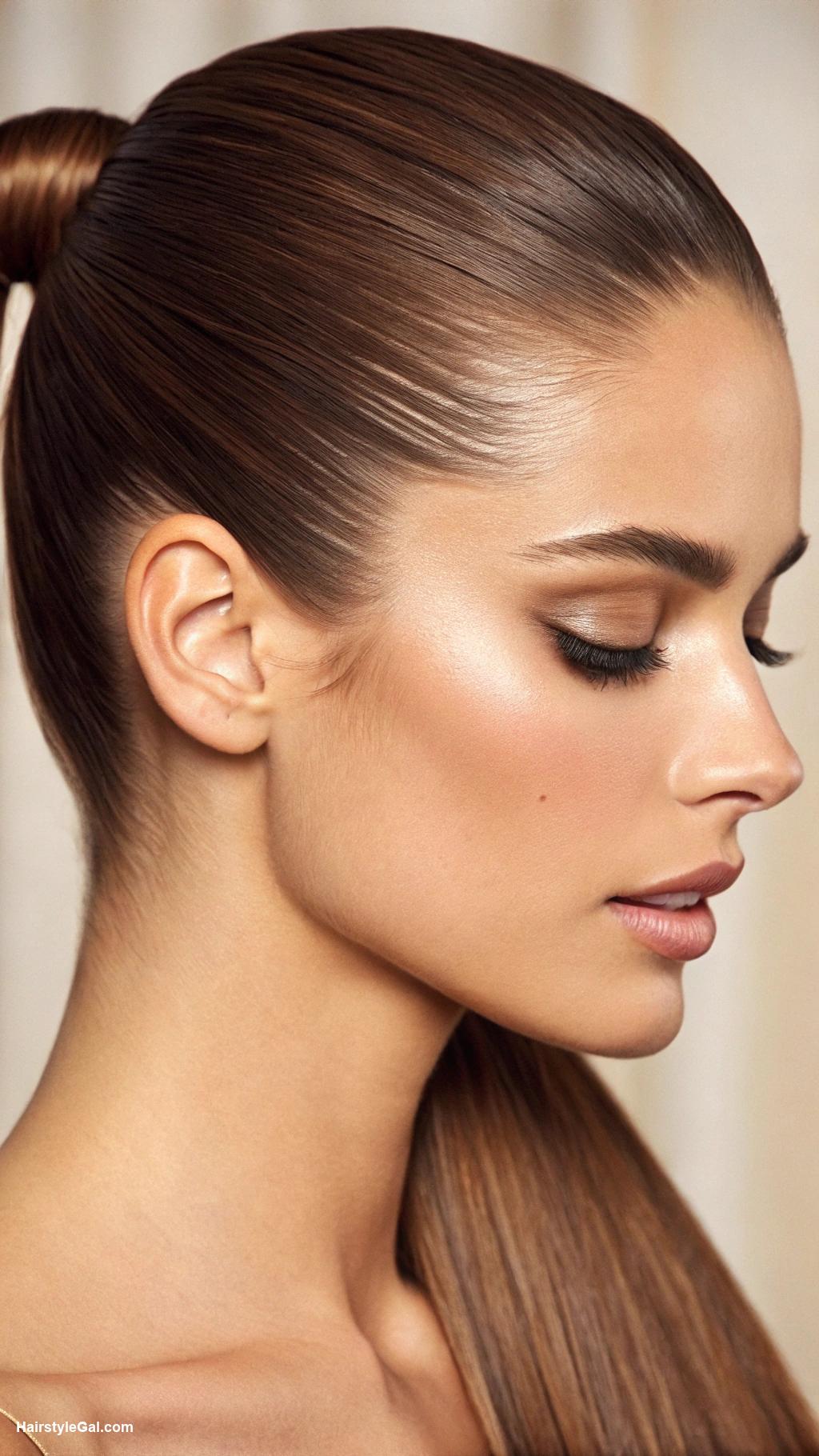 old money hairstyles Sleek ponytail with chestnut hair