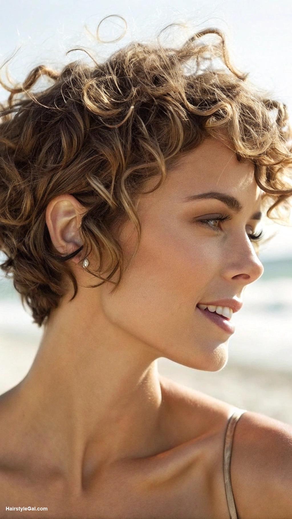 pixie cut curly hair Beachy waves pixie in light brown
