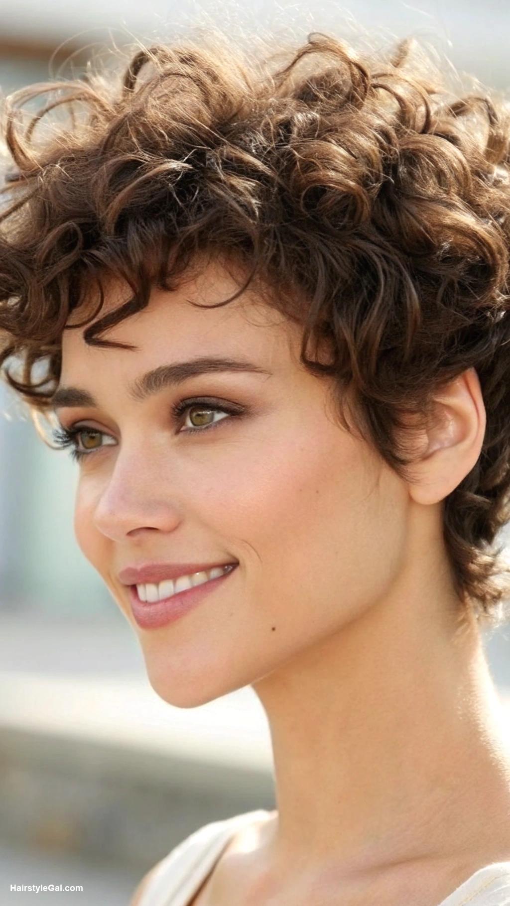 pixie cut curly hair Brown textured pixie with side bangs