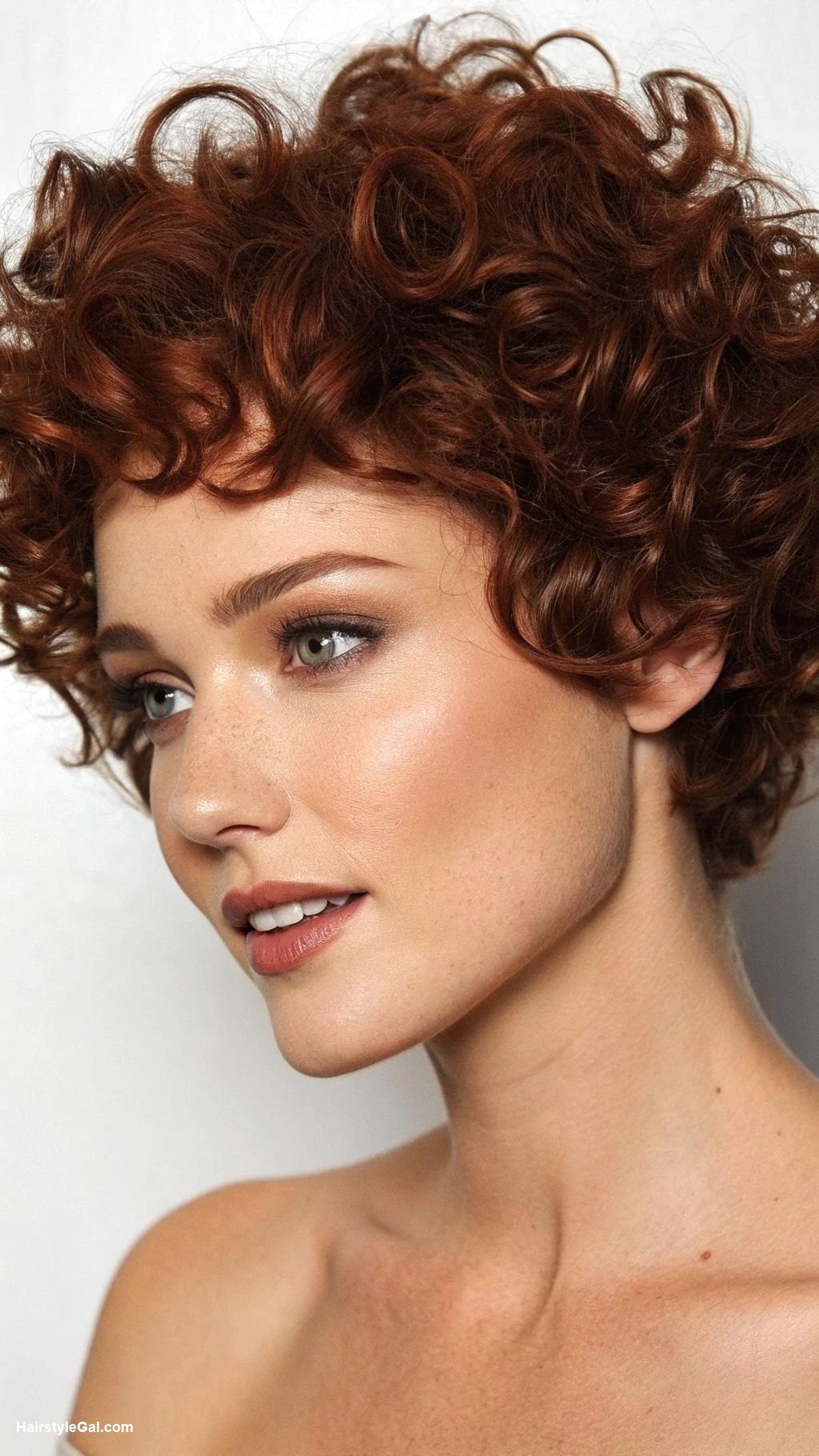 pixie cut curly hair Defined curls in deep auburn pixie