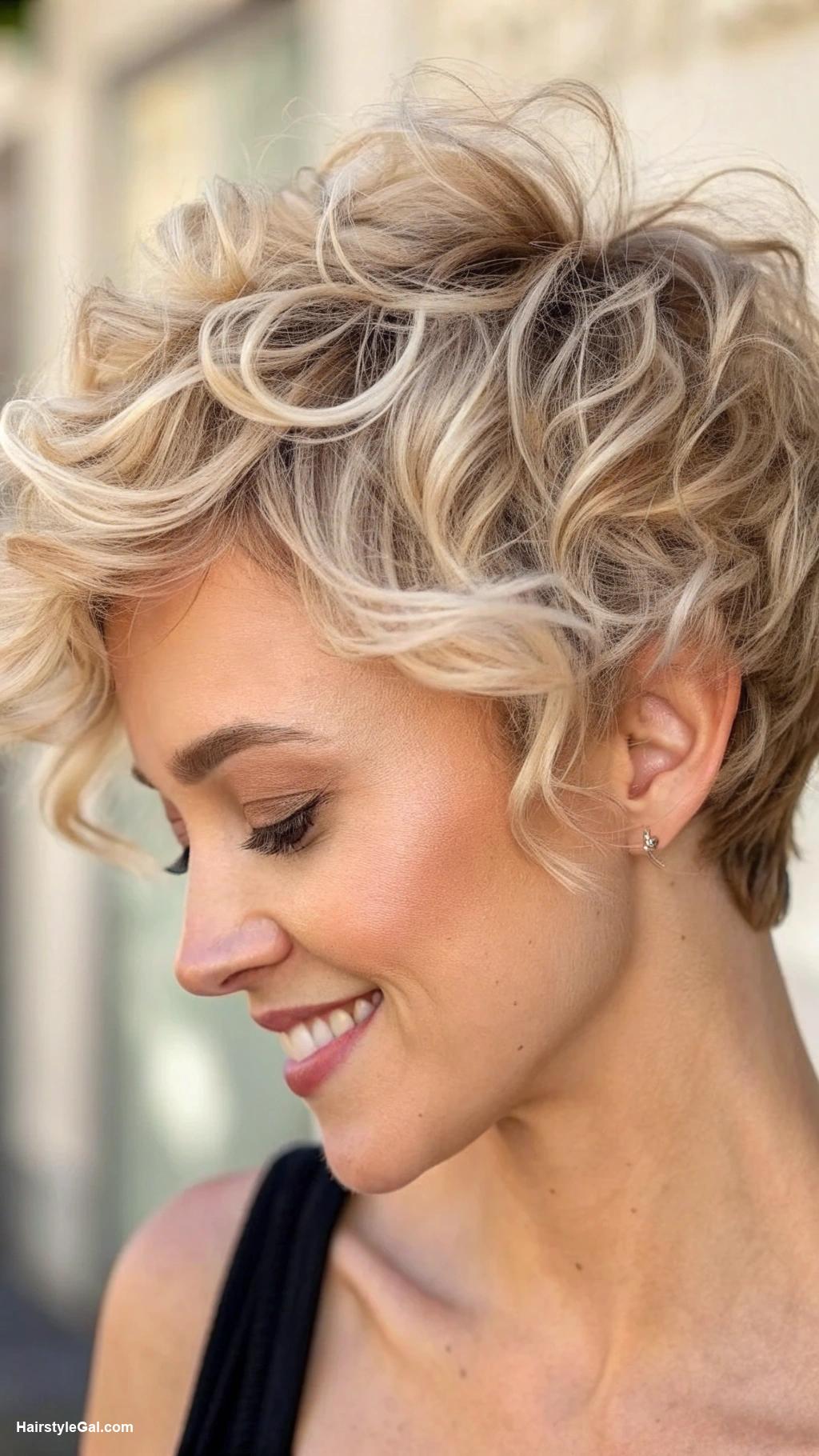 pixie cut curly hair Fluffy pixie cut with multi dimensional blonde