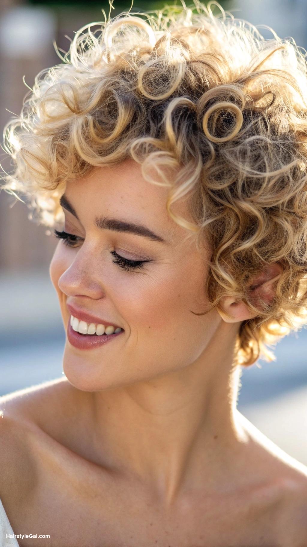 pixie cut curly hair Soft curly pixie with blonde highlights
