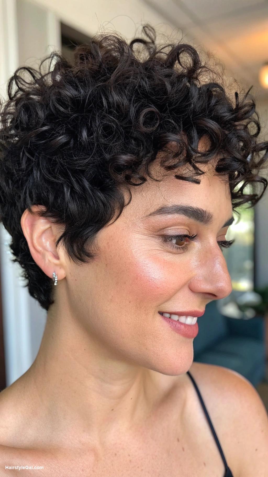 pixie cut curly hair Tousled curly pixie in rich black