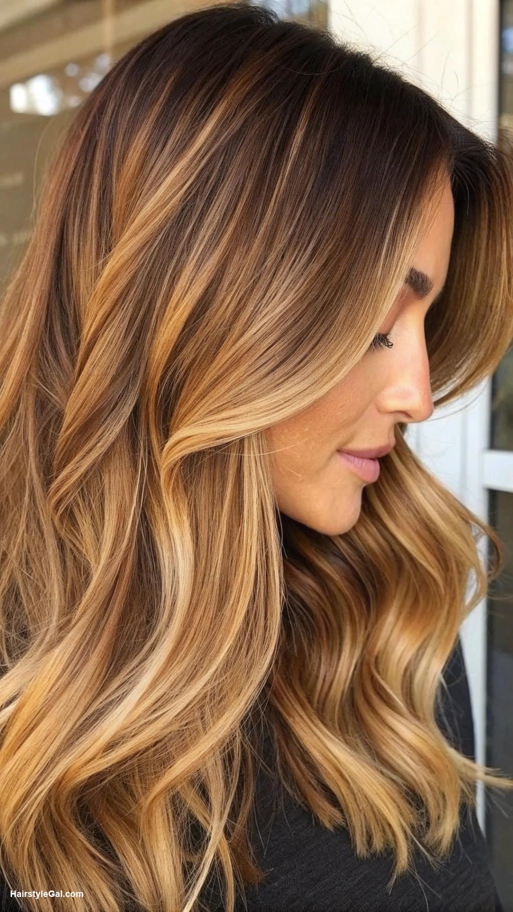 reverse balayage Golden blonde balayage on brunette base