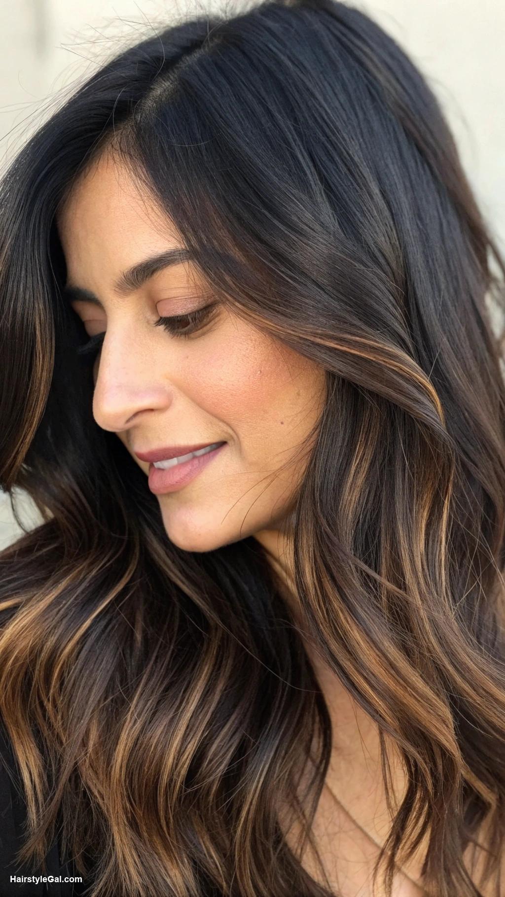 reverse balayage Soft brown highlights on dark hair