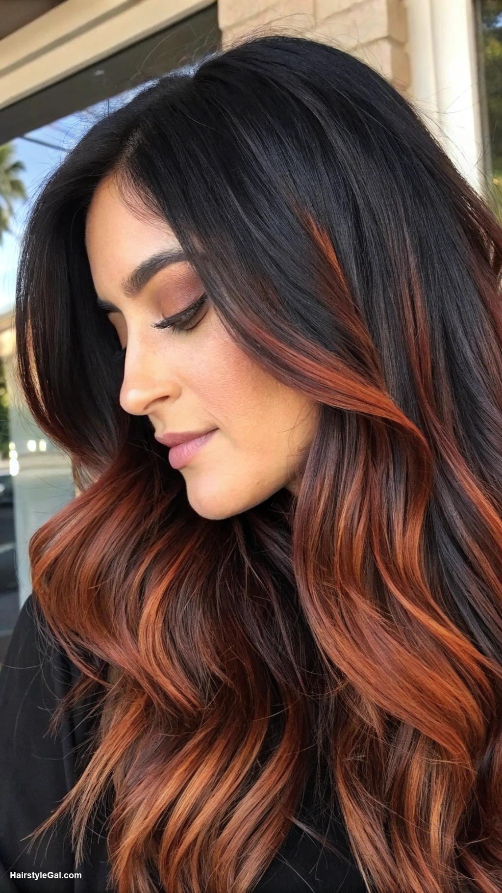 reverse balayage Warm auburn highlights in black hair
