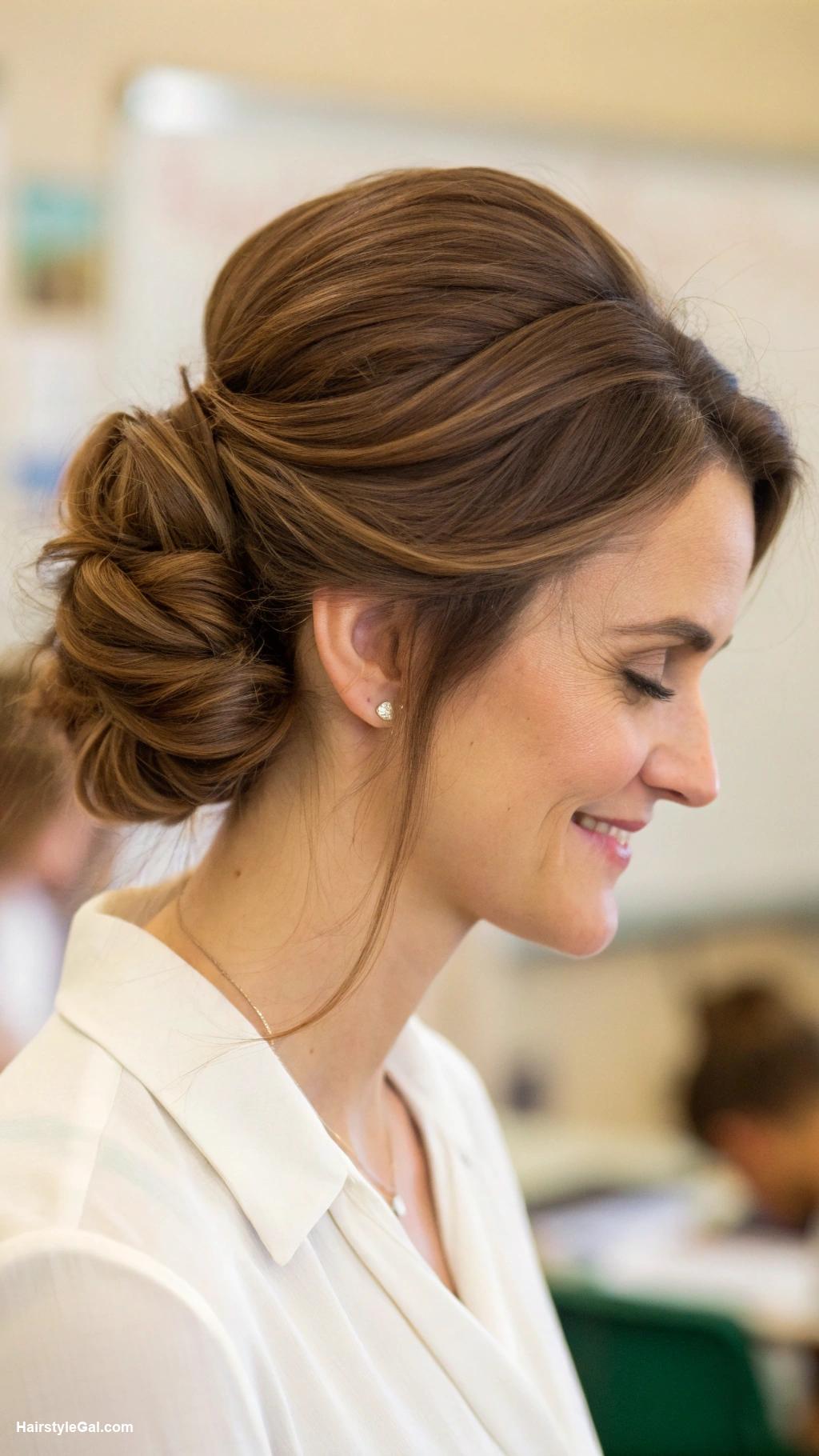 school teacher hairstyles Sophisticated low bun with loose strands