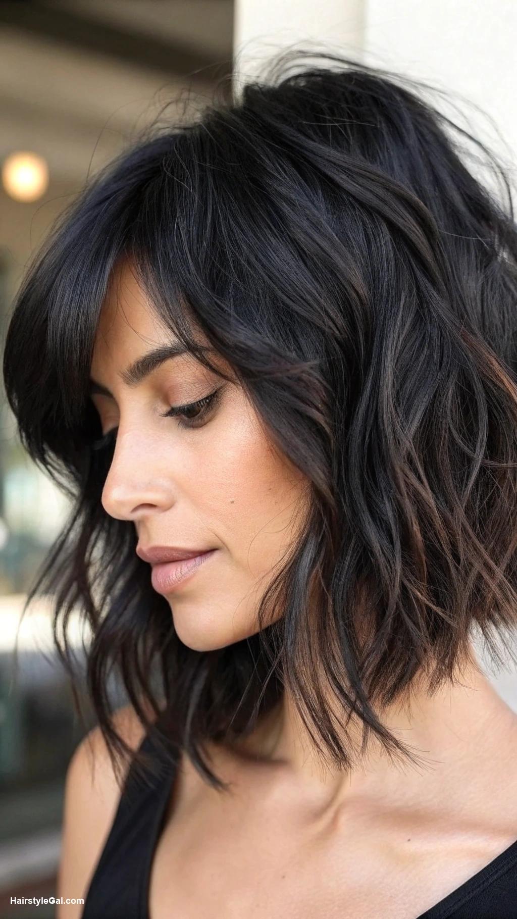 thick hair bob Shaggy Black Bob with Highlights