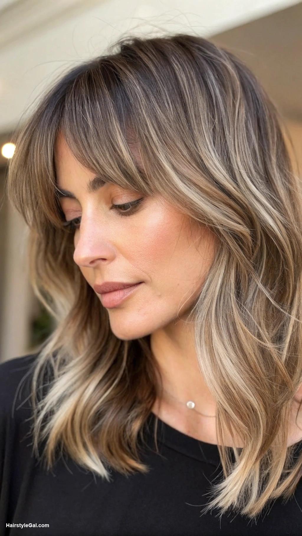 thin hair layered cut Curtain bangs with layered mid length