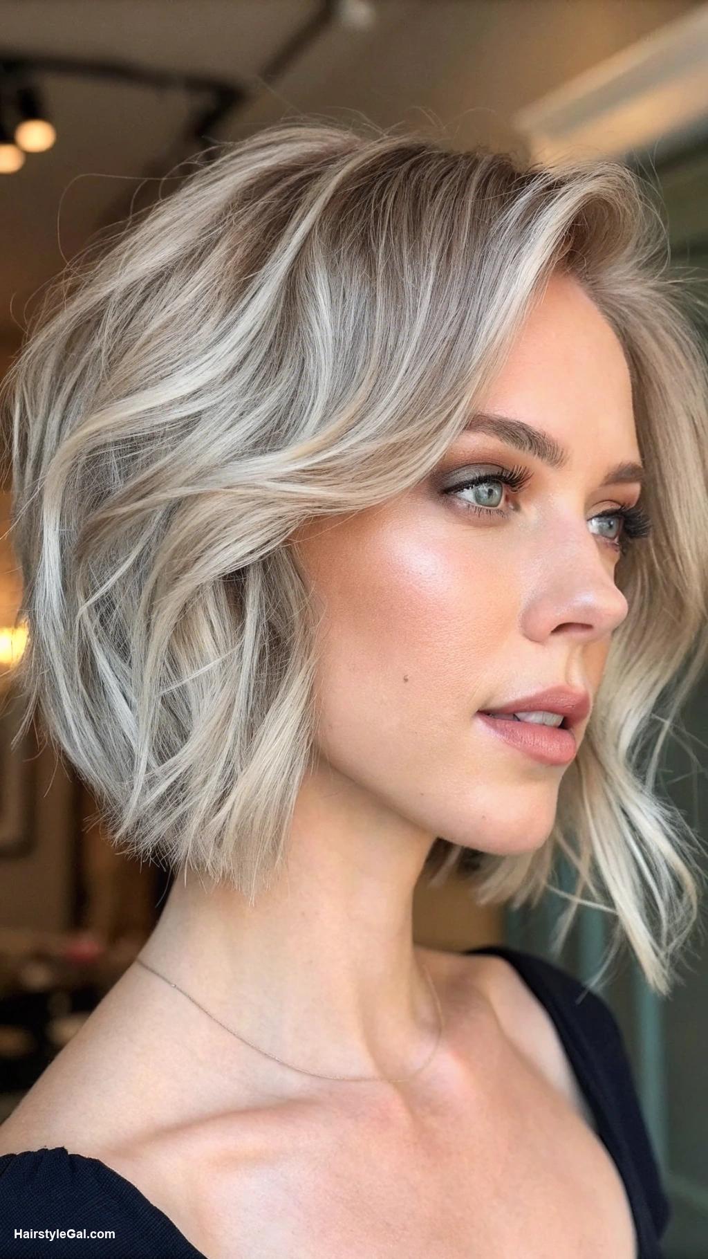 angled bob haircuts Ash blonde textured bob