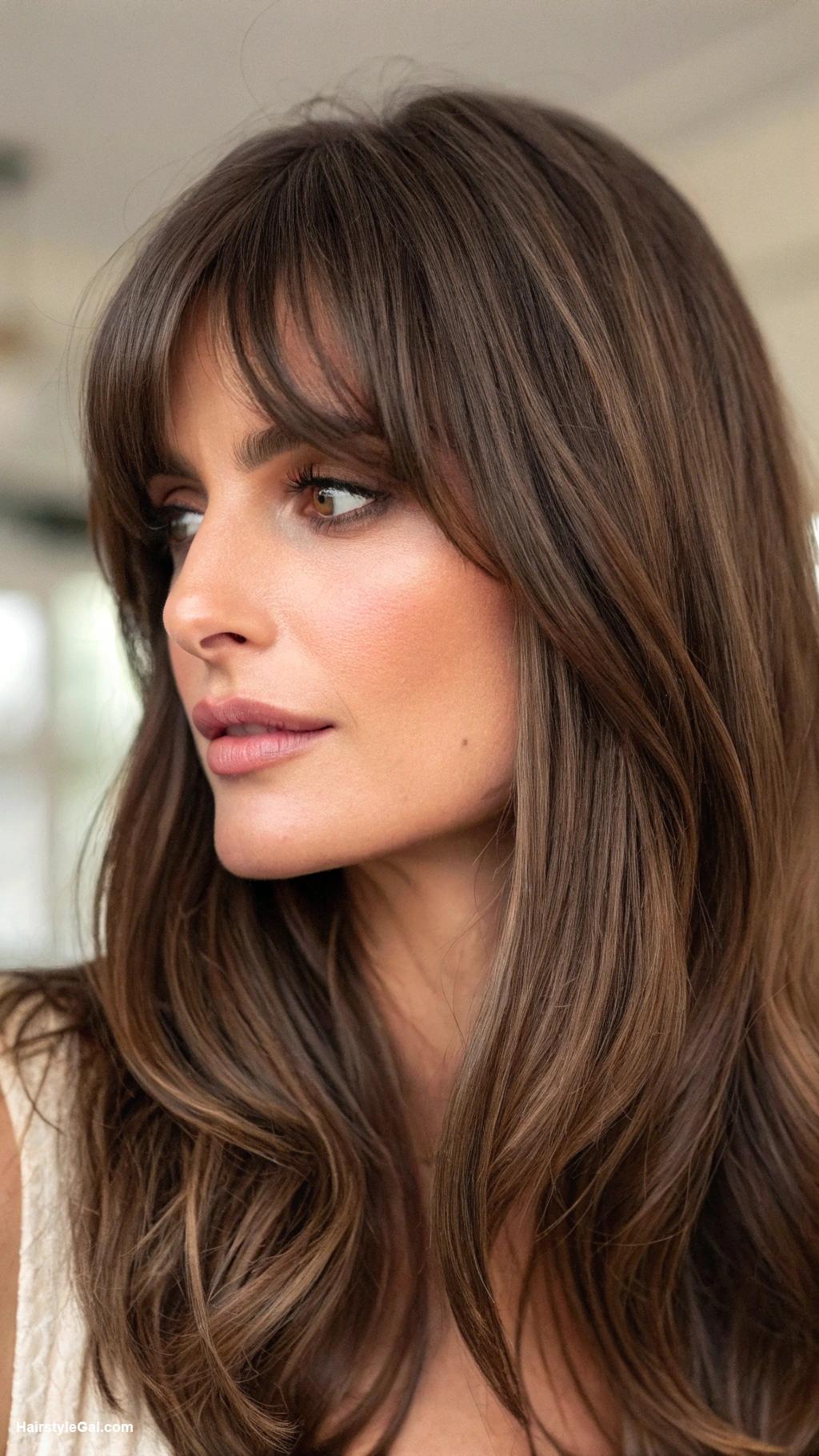 ashy brown hair Rich ashy brown with curtain bangs