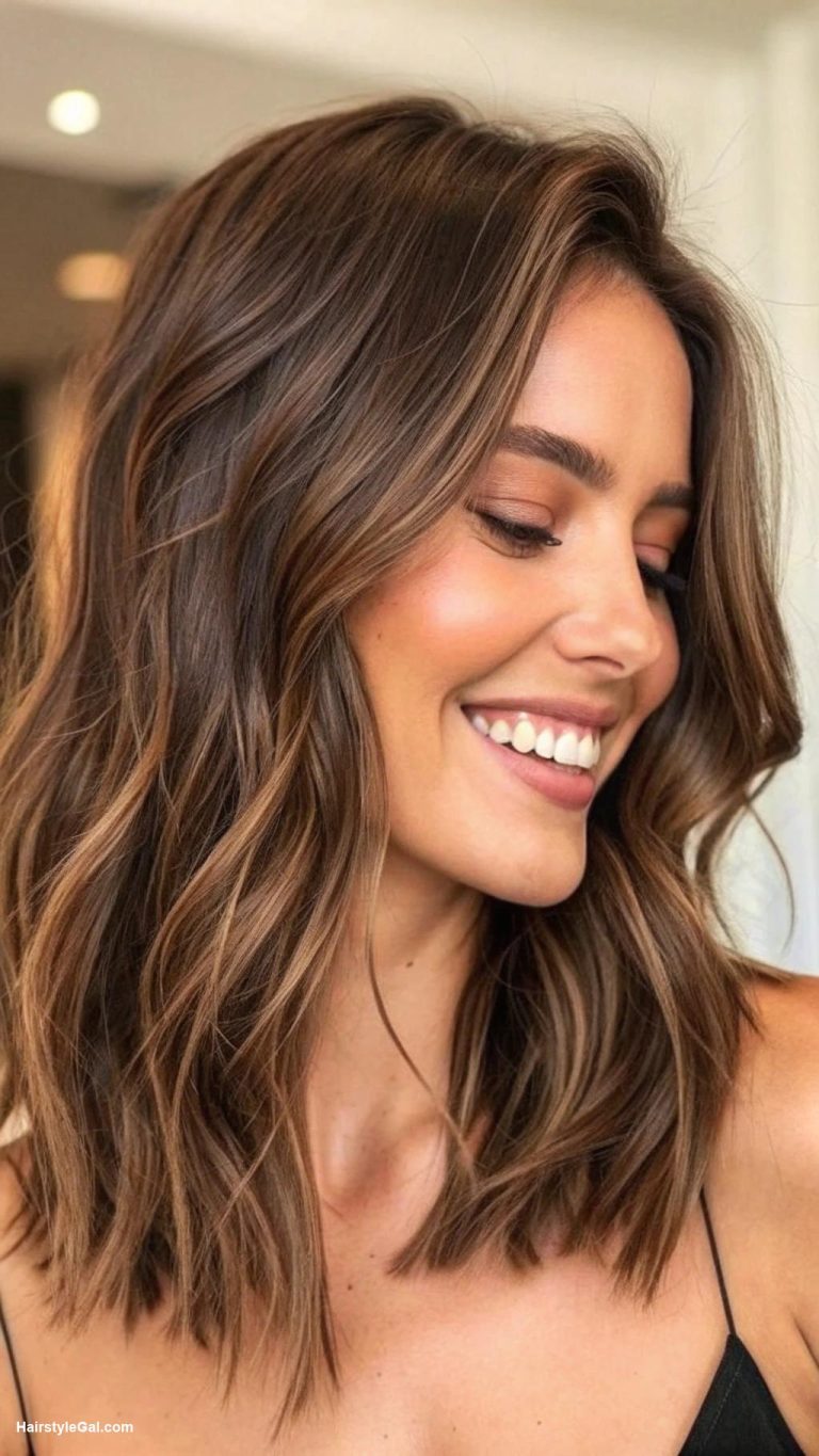 ashy brown hair Warm ash brown lob haircut