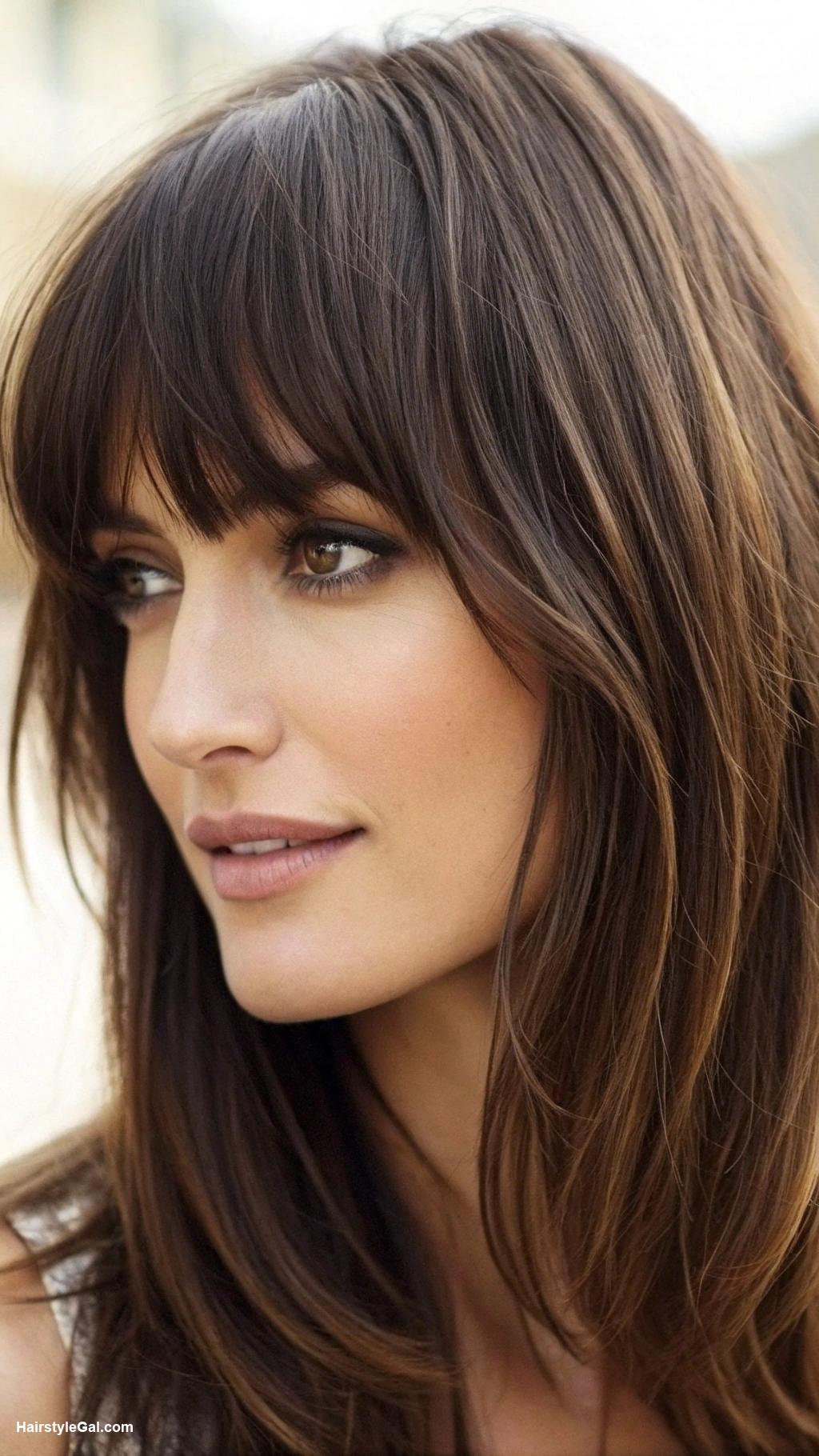 bangs with medium hair Asymmetrical bangs with deep brown locks