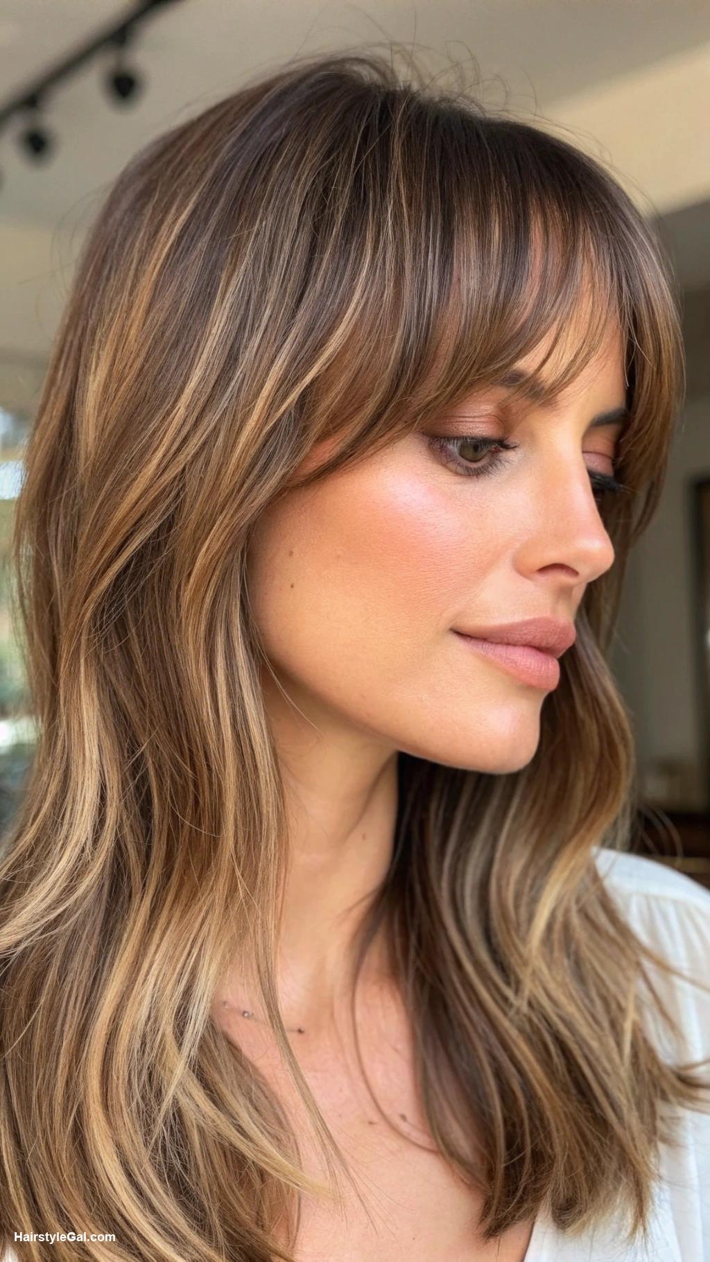 bangs with medium hair Bardot bangs with highlighted medium hair